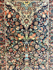 Persian Saoruk Rug 4x5, Navy Blue and Red, Floral, Antique Persian Wool Carpet, Handmade