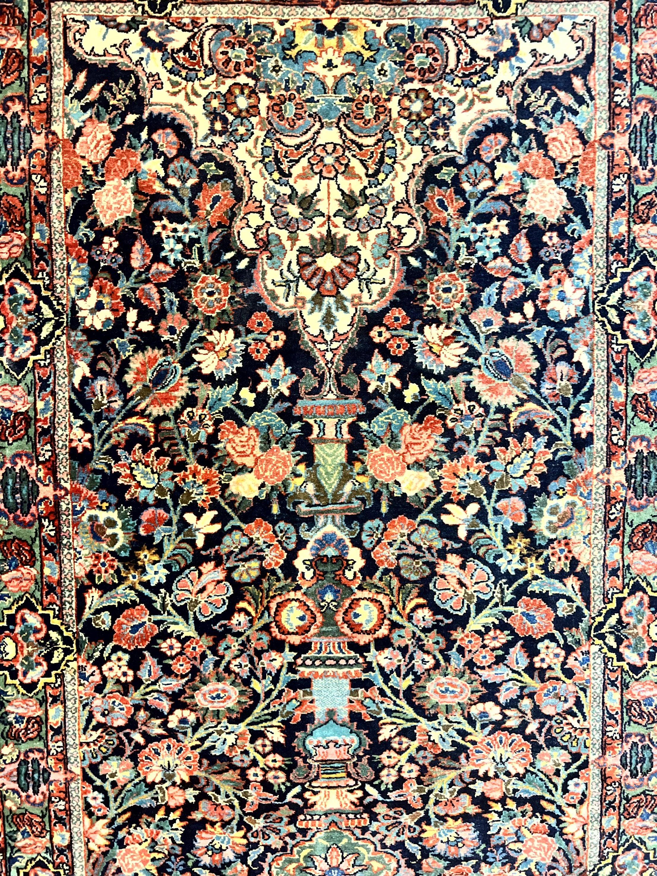 Persian Saoruk Rug 4x5, Navy Blue and Red, Floral, Antique Persian Wool Carpet, Handmade