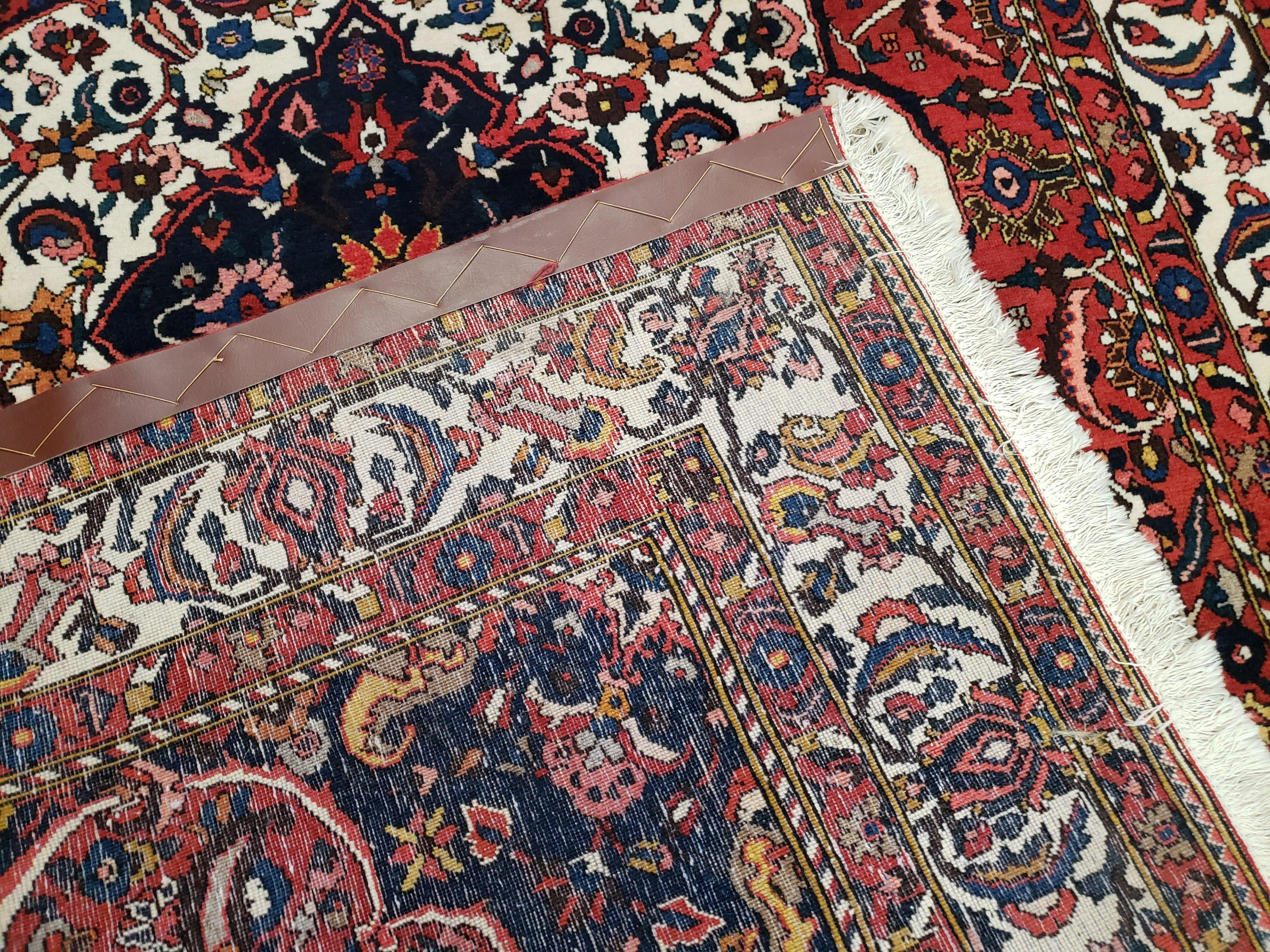 Semi Antique Persian Bakhtiari Rug, Hand-Knotted, Wool, Red, Midnight Blue, Ivory, Floral Medallion, 5'1" x 8' 6"