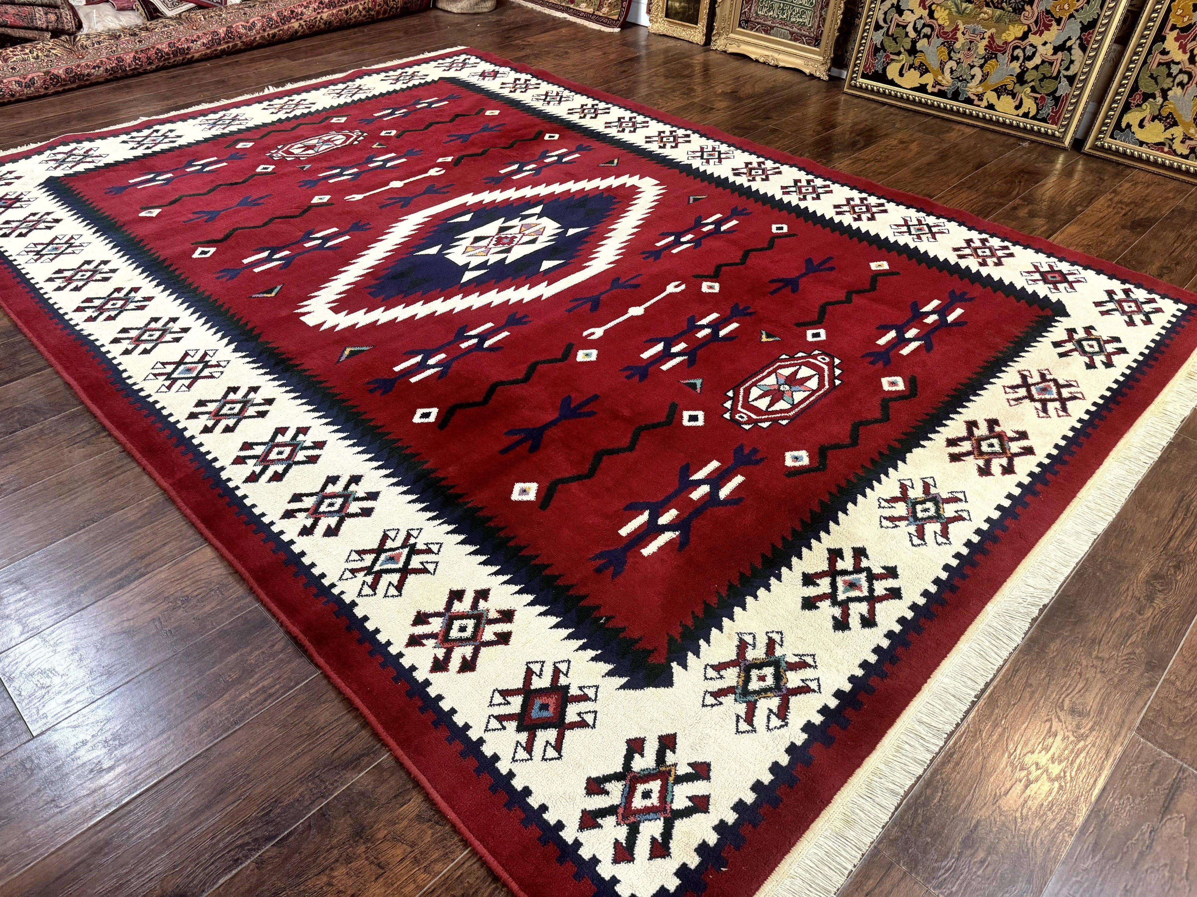 Belgium Power Loomed Rug 8x11, Navajo Native American Design, Dark Red and Ivory, Tribal Rug, Bohemian Carpet