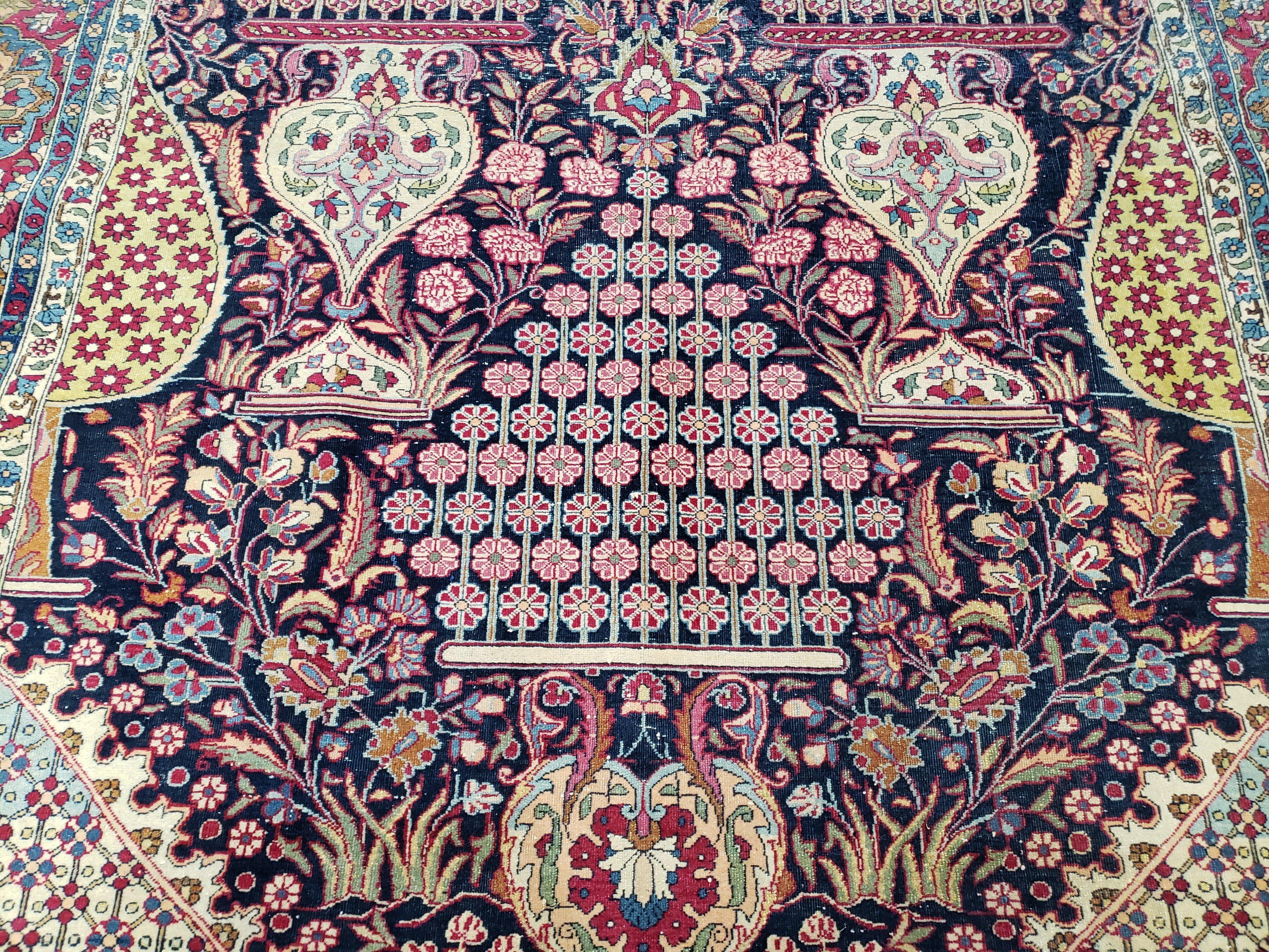 Antique Persian Tehran Rug 5x8, Midnight Blue and Red, Hand-Knotted, Wool