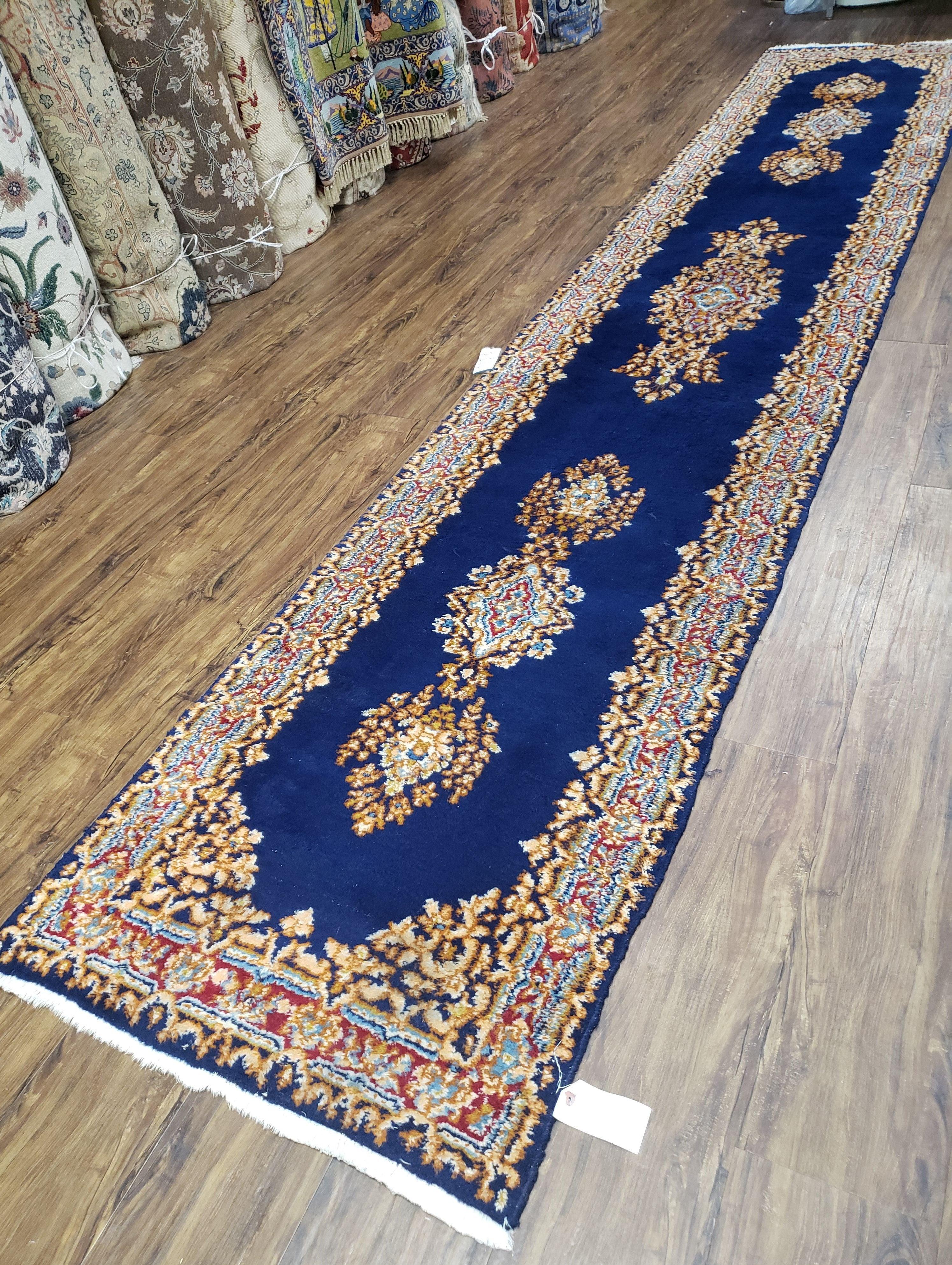 Semi Anique Dark Blue Persian Kerman Runner, 2'7" x 13'5"
