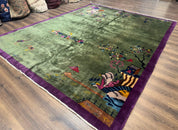 Antique Chinese Nichols Rug 9x12 - Rare Green and Purple Art Deco Carpet
