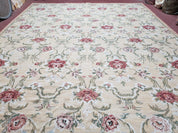 Needlepoint Rug 10x14 Wool Flatweave Carpet, English Floral Pattern, Pale Yellow, Roses, Allover Pattern, Handmade Large Needlepoint Nice