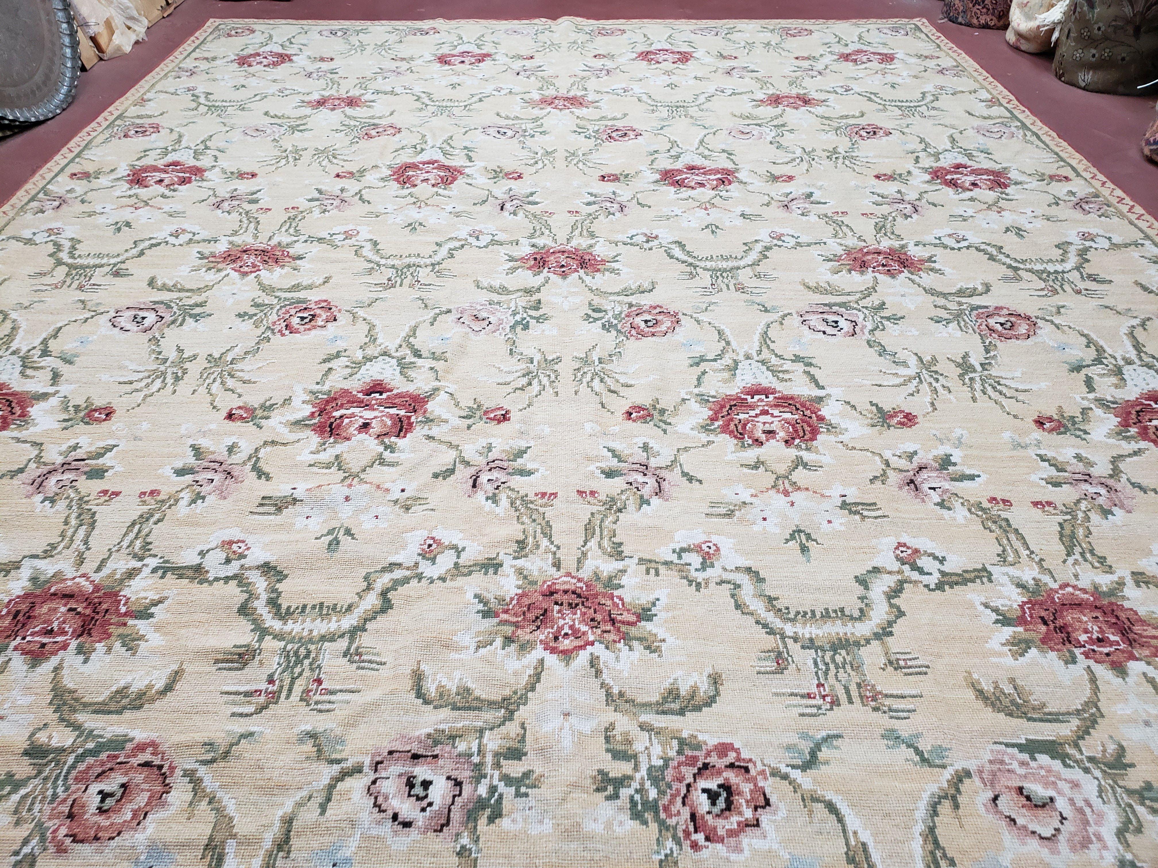Needlepoint Rug 10x14 Wool Flatweave Carpet, English Floral Pattern, Pale Yellow, Roses, Allover Pattern, Handmade Large Needlepoint Nice