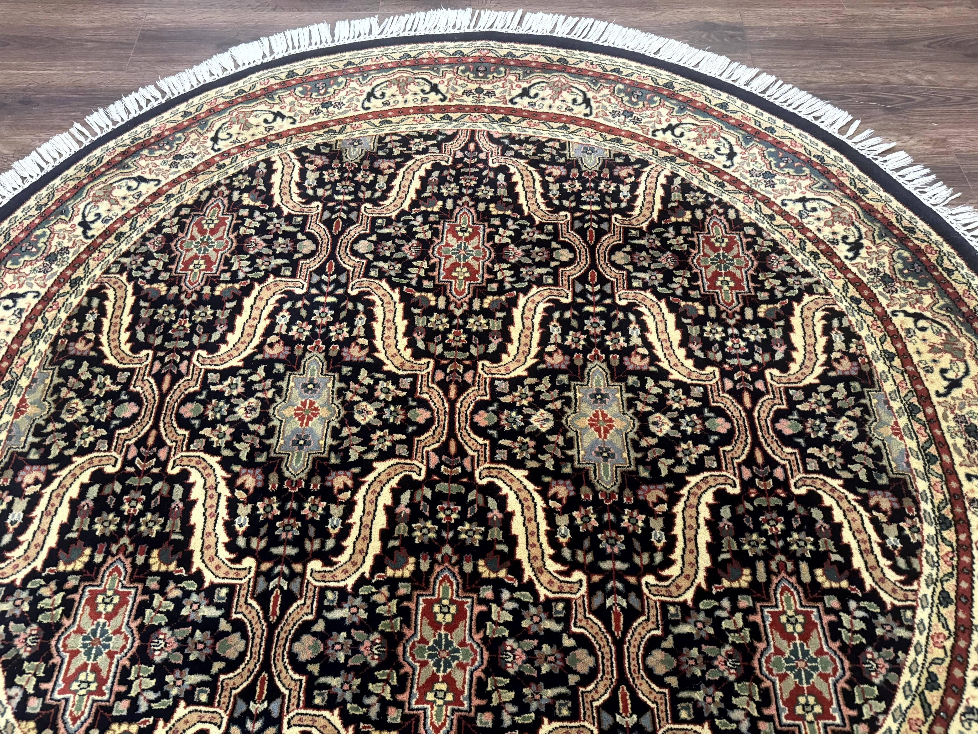Round Indo Persian Rug 6x6, Indian Bidjar Rug, Navy Blue and Beige