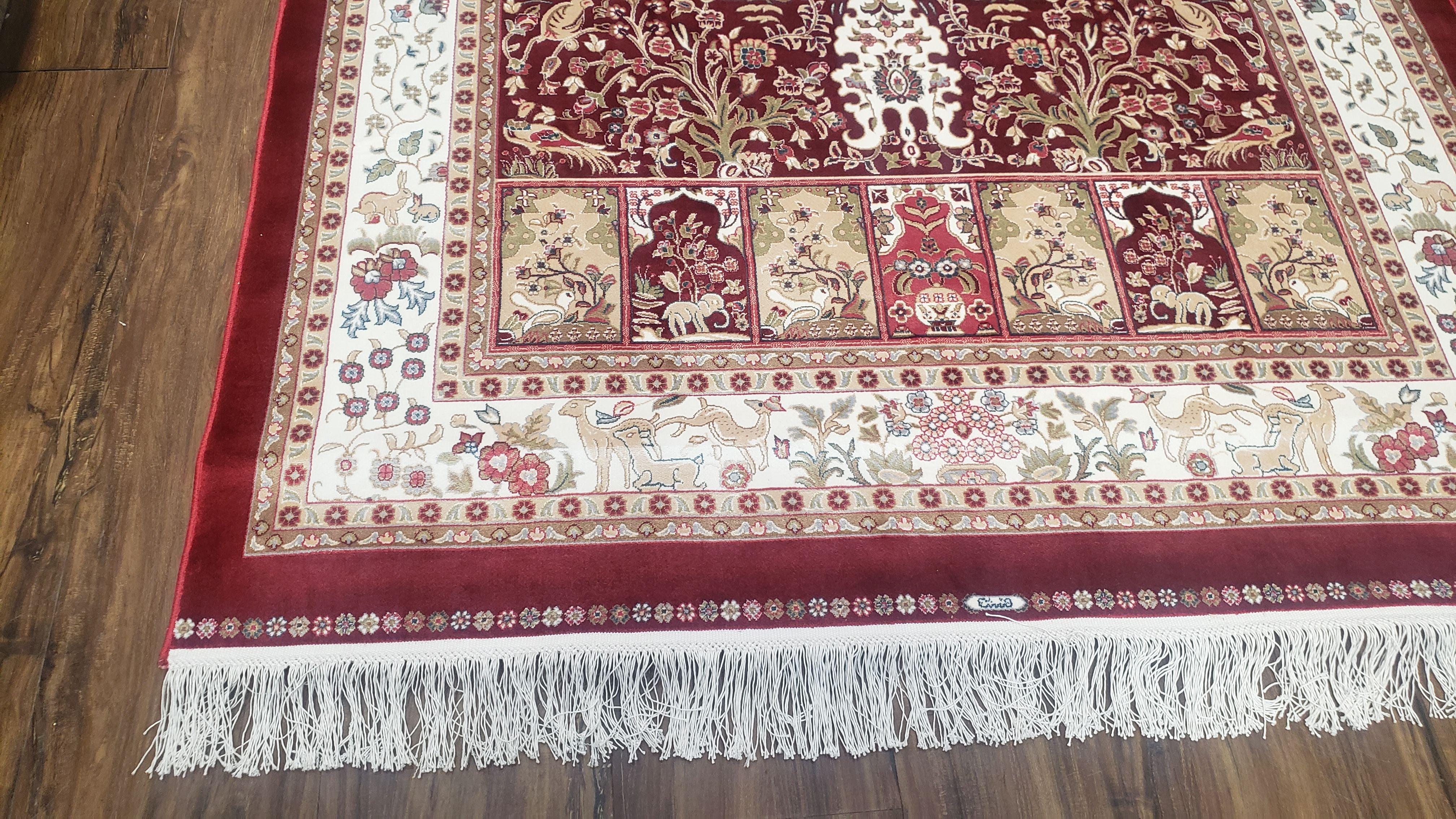 Silk Carpet 4x6 Dark Red & Cream, Tree of Life Rug, Animal Motifs, Birds Deer Rabbits, All Bamboo Silk, 4 x 6 Silk Area Rug