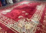 Palace Size Chinese Wool Rug 12x18, Red Art Deco Chinese Carving Carpet, Butterflies Flowers