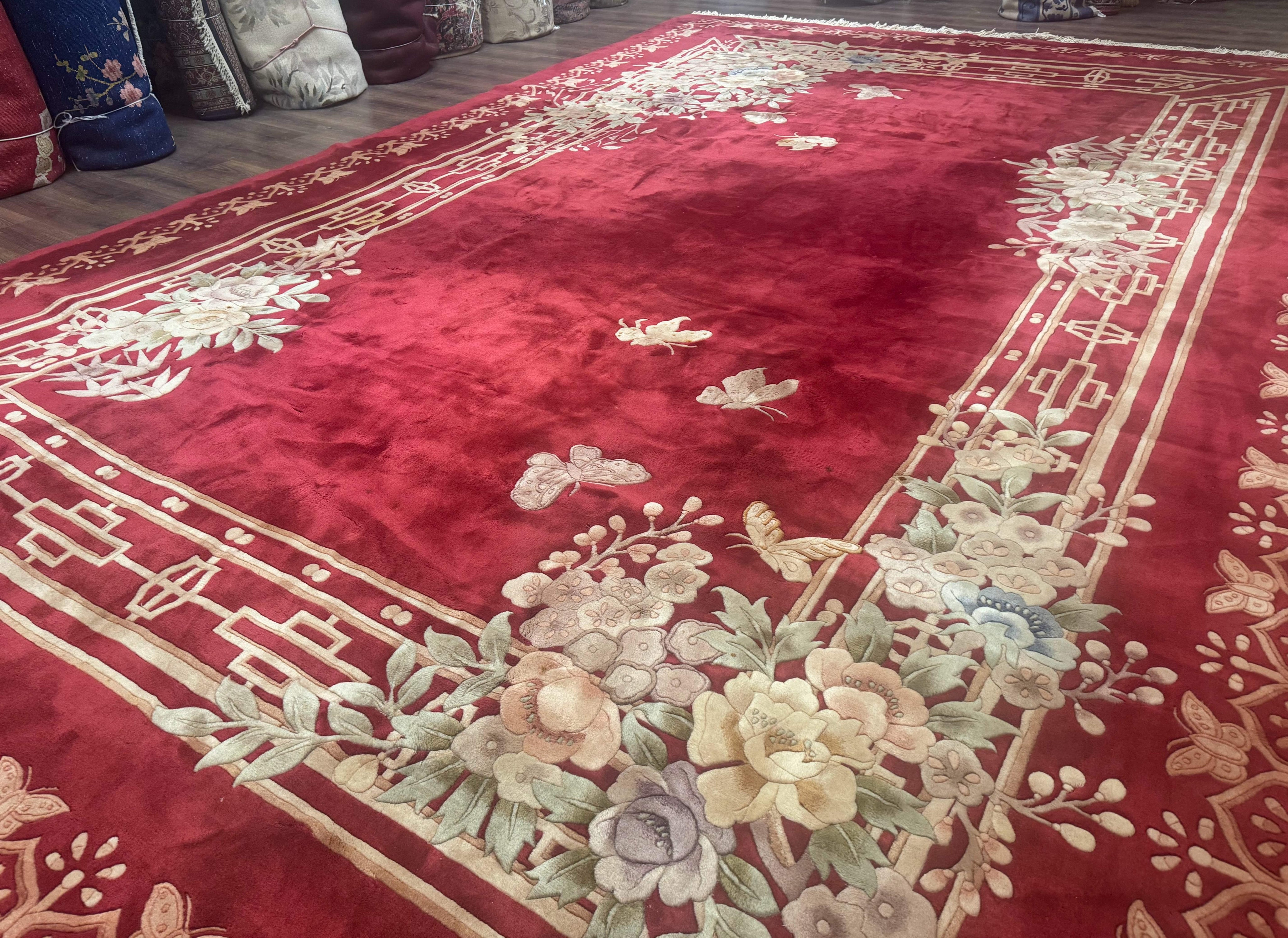 Palace Size Chinese Wool Rug 12x18, Red Art Deco Chinese Carving Carpet, Butterflies Flowers