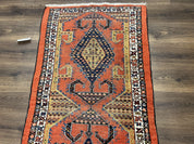 Rare Persian Tribal Runner Rug 3 x 11, Sarab Serab Persian Runner, Antique 1920s Collectible Geometric Medallions Oriental Wool Runner, Hand Knotted, Bright Orange-Red