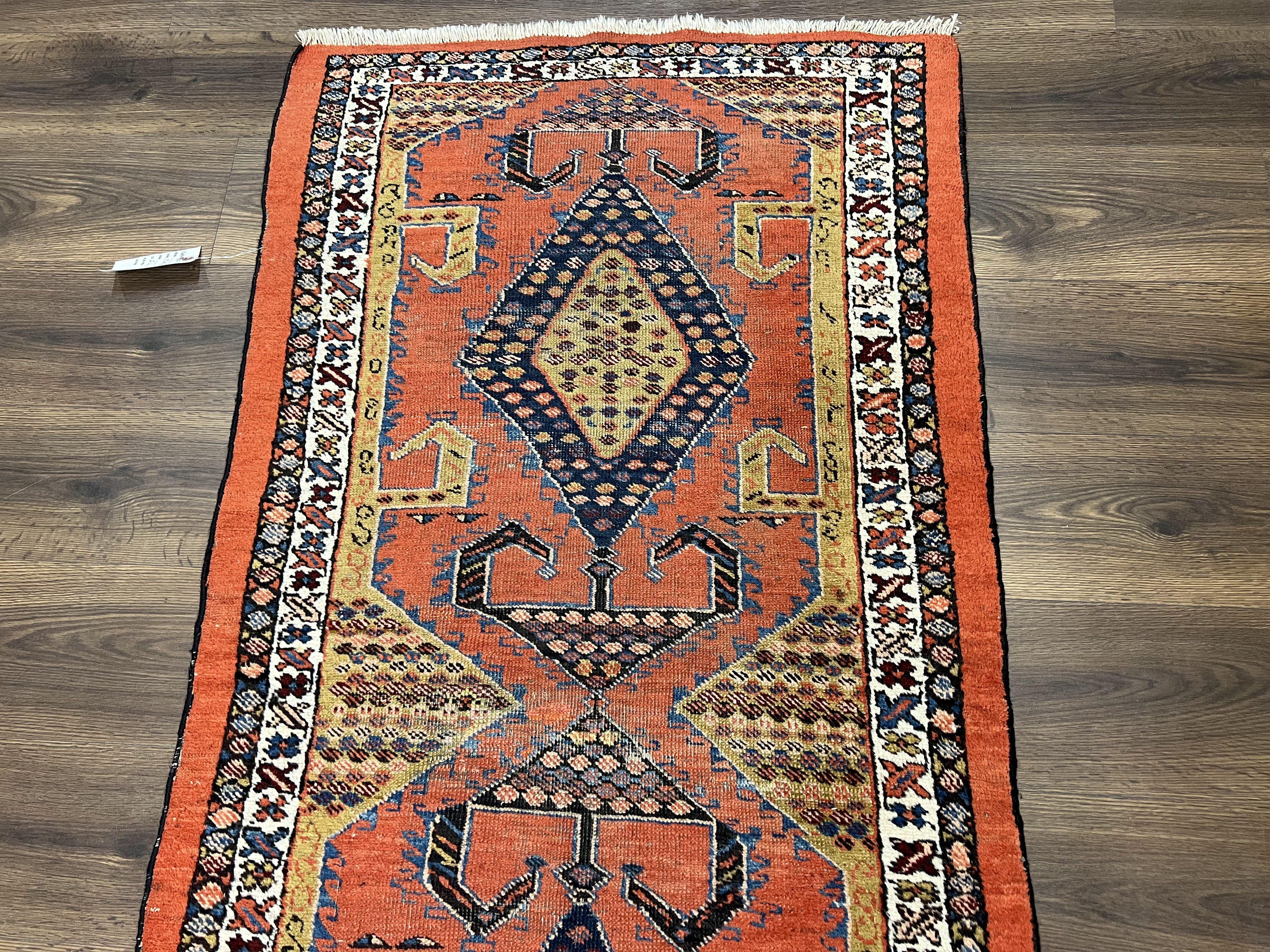 Rare Persian Tribal Runner Rug 3 x 11, Sarab Serab Persian Runner, Antique 1920s Collectible Geometric Medallions Oriental Wool Runner, Hand Knotted, Bright Orange-Red