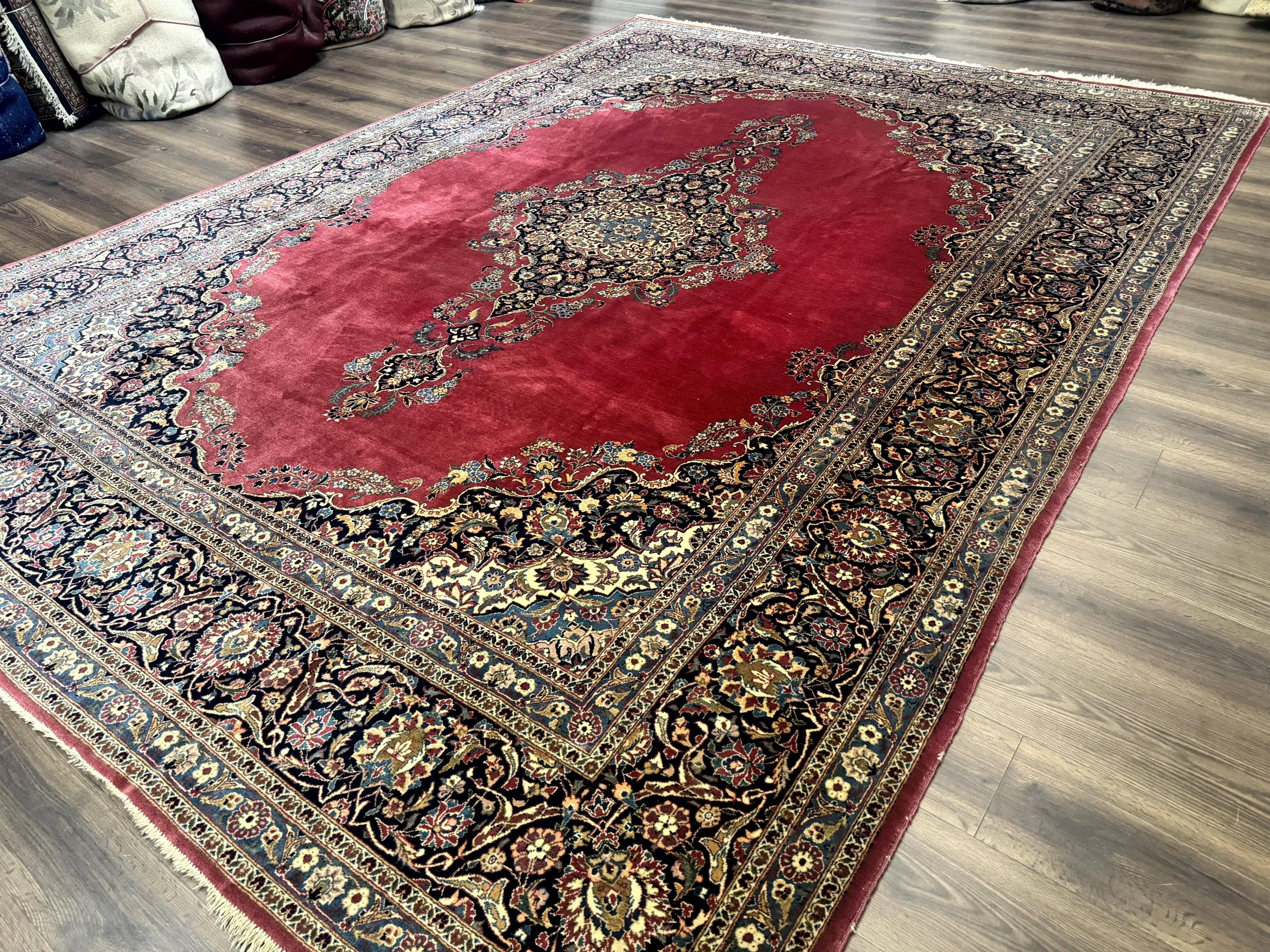 Persian Kashan Rug 9x12, Traditional, Semi Open Field, Red, Signed By Master Weaver, Antique Rug