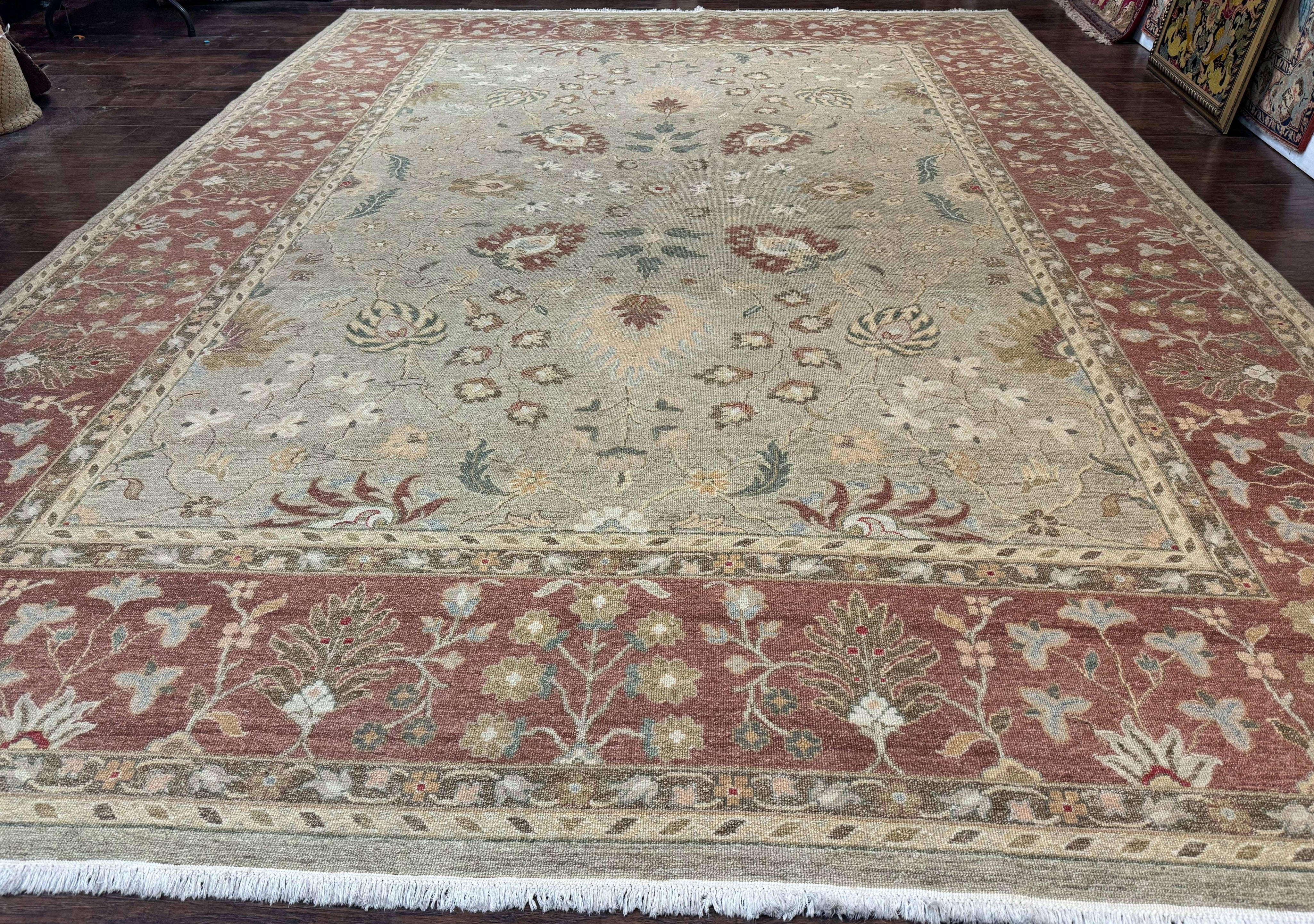 Large Turkish Soumak Rug 10x14, Flatweave Dhurrie, Handmade, Light Green and Salmon