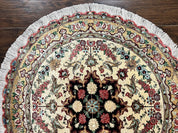 Silk Persian Tabriz Round Rug 3x3 ft, Very Fine Hand Knotted Carpet 380 KPSI, Cream & Gold, Bird Pictorials, Floral, Rare
