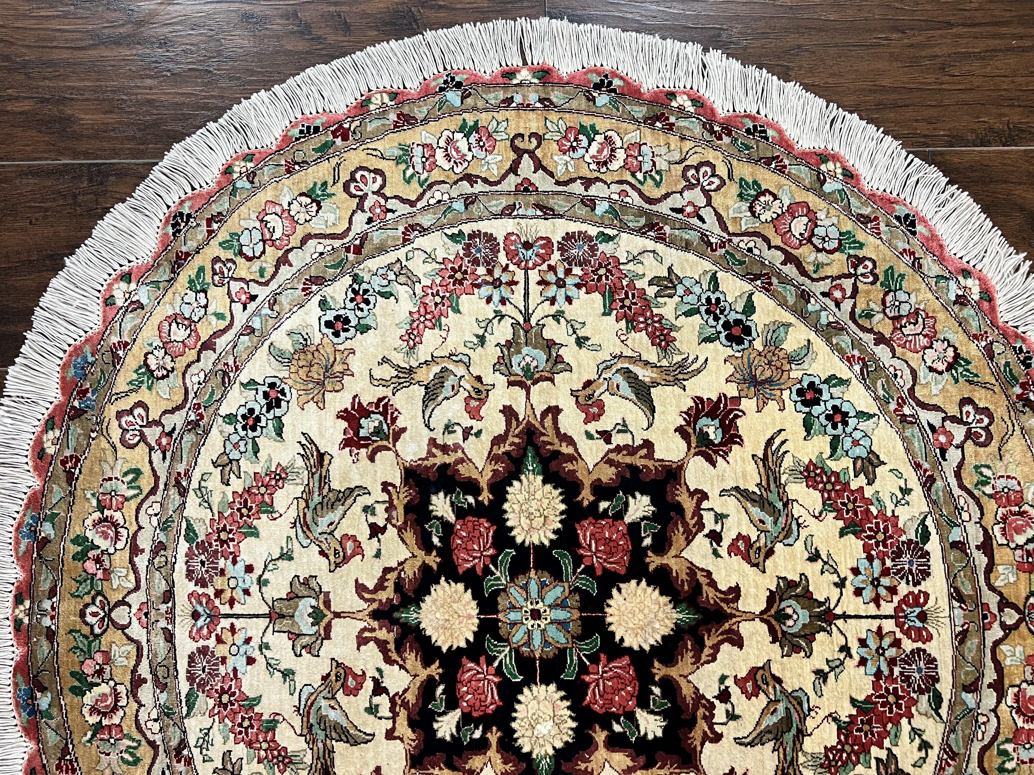Silk Persian Tabriz Round Rug 3x3 ft, Very Fine Hand Knotted Carpet 380 KPSI, Cream & Gold, Bird Pictorials, Floral, Rare