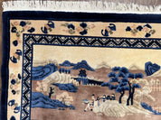 Antique Chinese Pictorial Rug 2.7 x 5, Chinese Village and Hills Carpet, Beige and Dark Blue, Handmade, Horizontal Rug Wall Hanging Tapestry