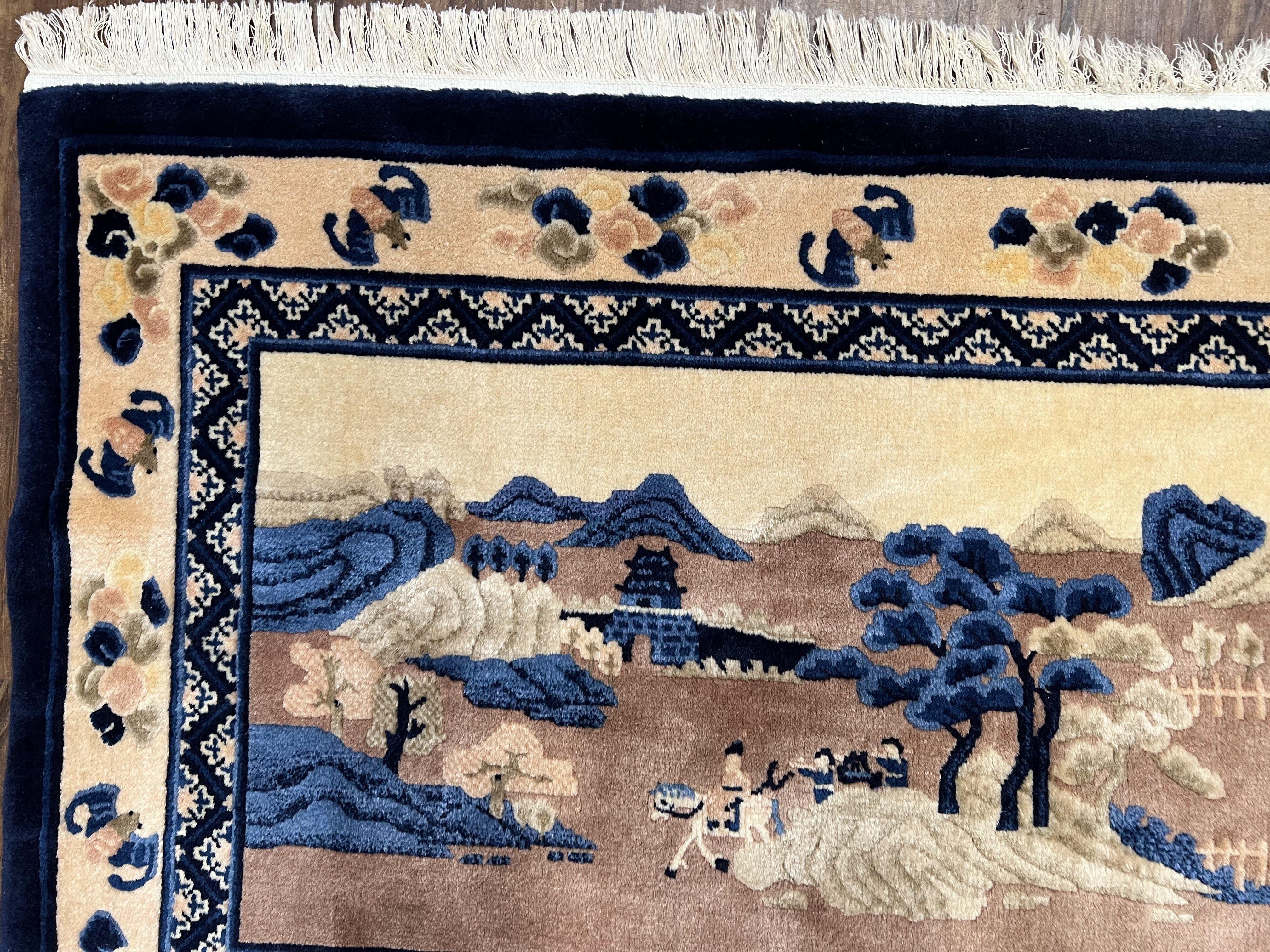 Antique Chinese Pictorial Rug 2.7 x 5, Chinese Village and Hills Carpet, Beige and Dark Blue, Handmade, Horizontal Rug Wall Hanging Tapestry