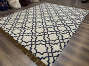 Indian Kilim Rug 8x10, Oat and Navy Blue, Dhurrie Carpet, Handmade, Wool