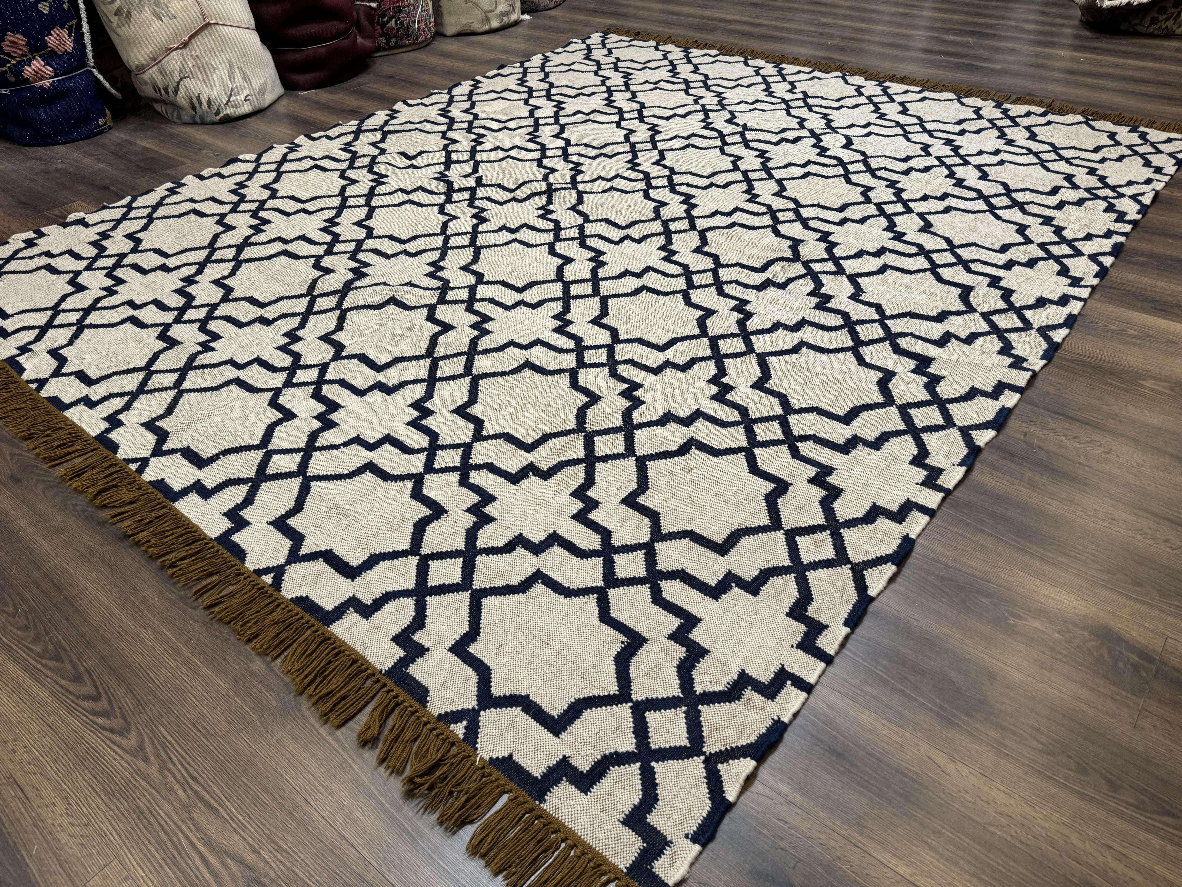 Indian Kilim Rug 8x10, Oat and Navy Blue, Dhurrie Carpet, Handmade, Wool