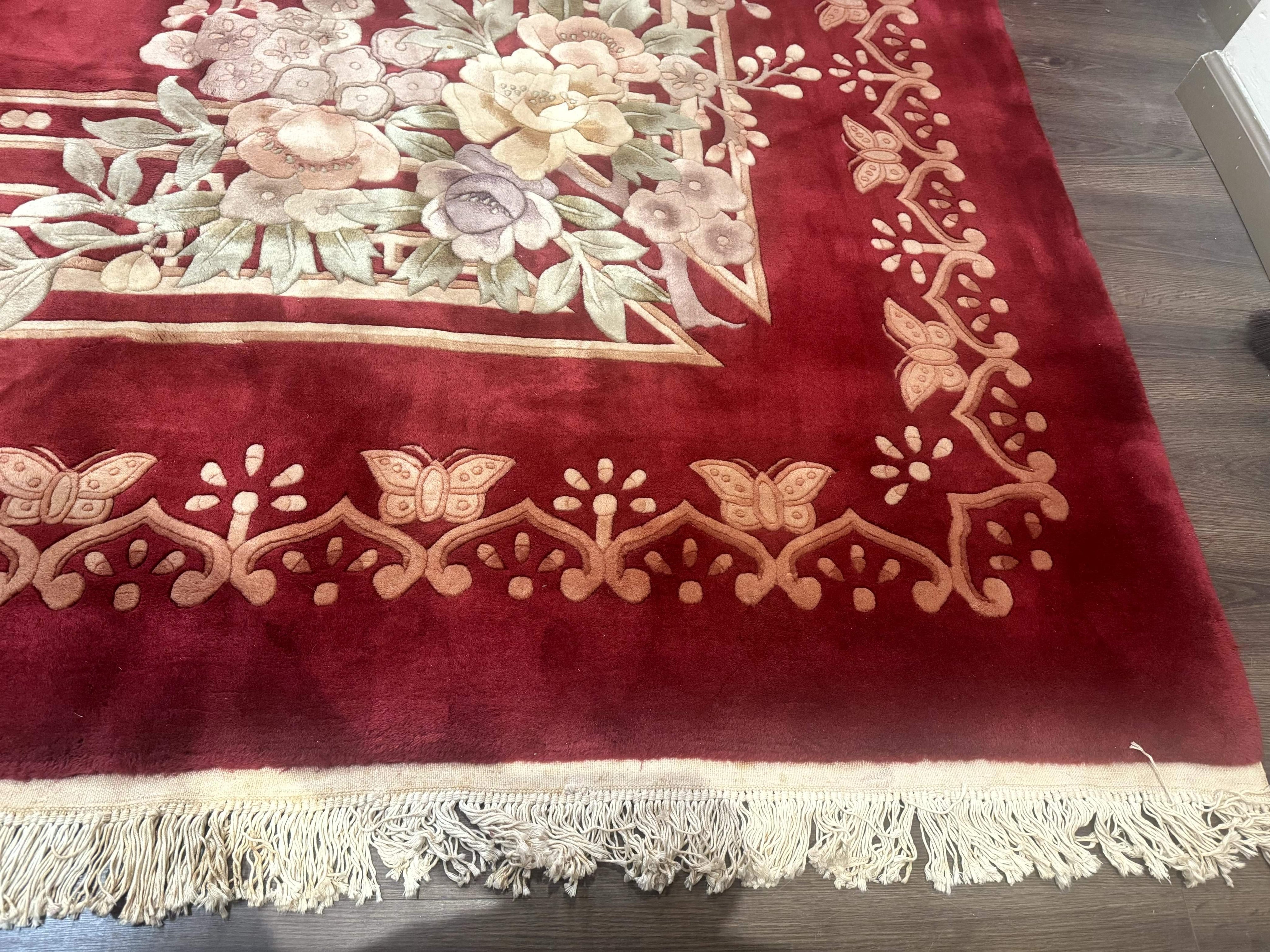 Palace Size Chinese Wool Rug 12x18, Red Art Deco Chinese Carving Carpet, Butterflies Flowers