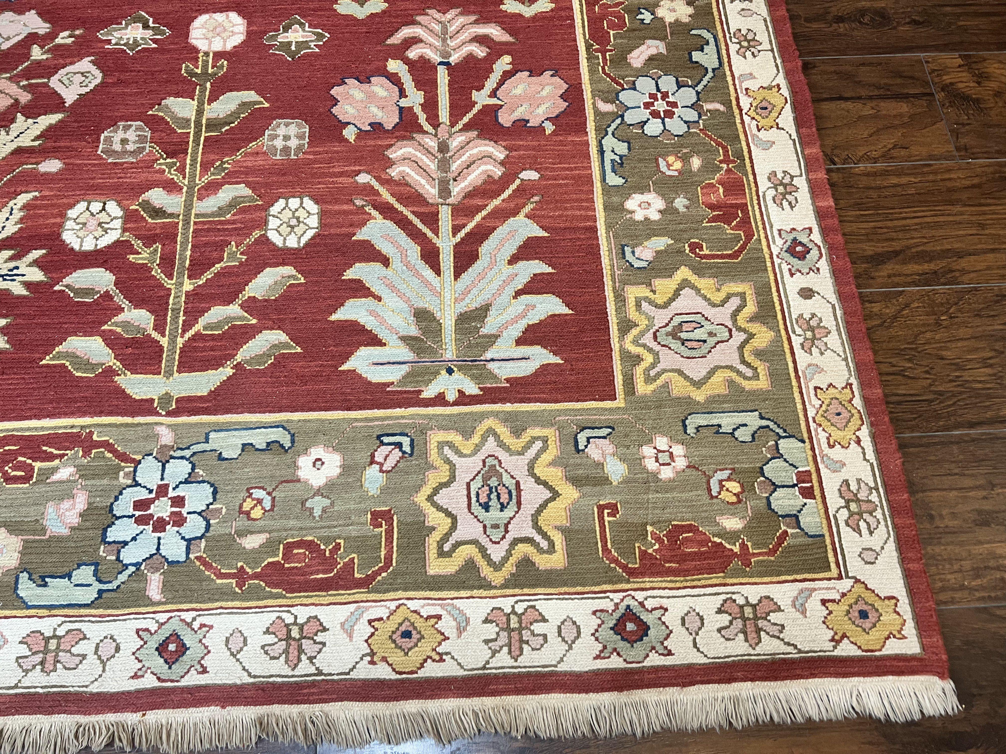 Indian Rug 10x14, Wool Hand Knotted Flatweave Carpet, Tree of Life, Red and Green