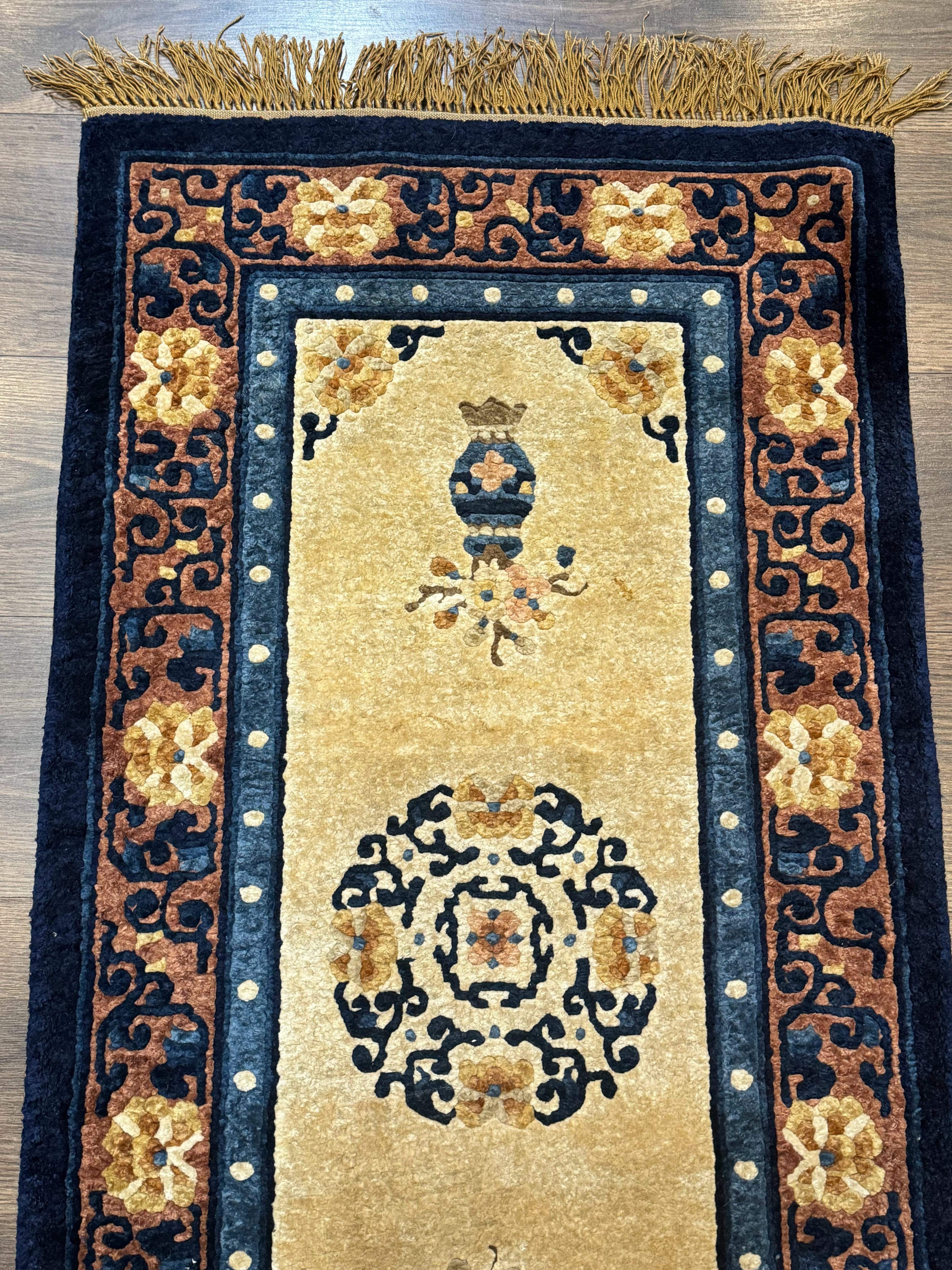 Silk Chinese Rug 2x4, Peking Carpet, Golden-Beige and Blue, Hand Knotted, Simple Design
