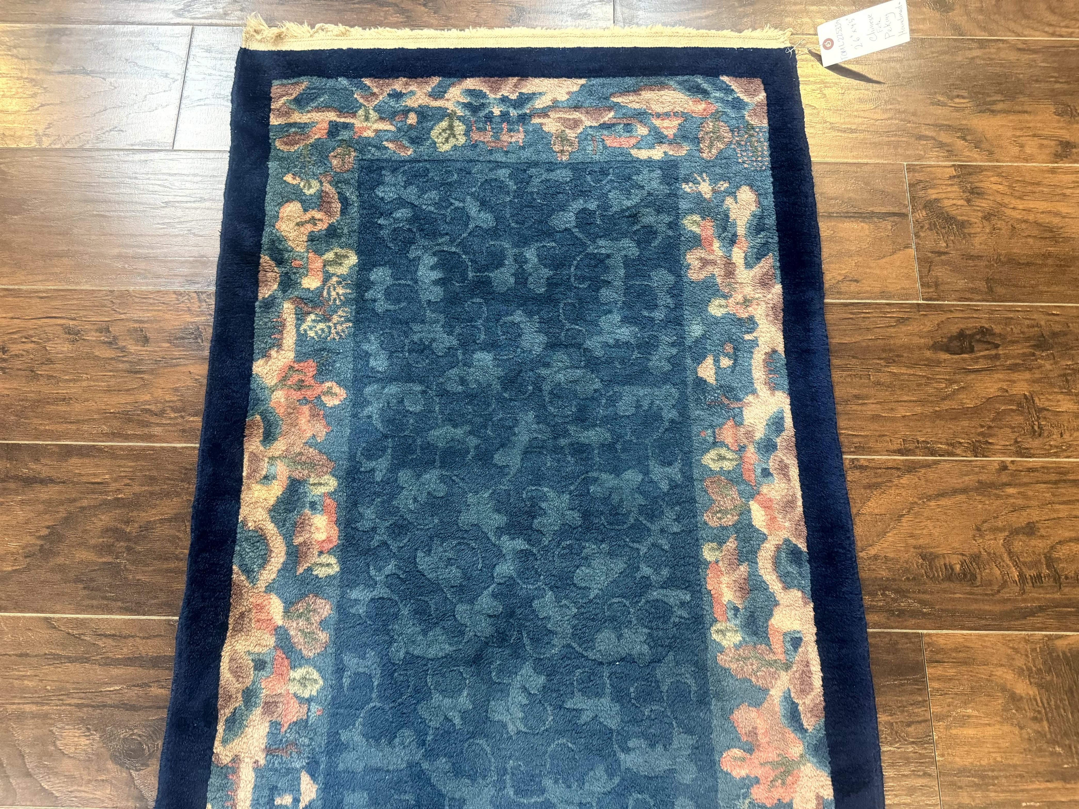 Blue Chinese Wool Rug 2.5 x 4, Peking Rug, Fete Rug, Semi Antique Chinese Carpet