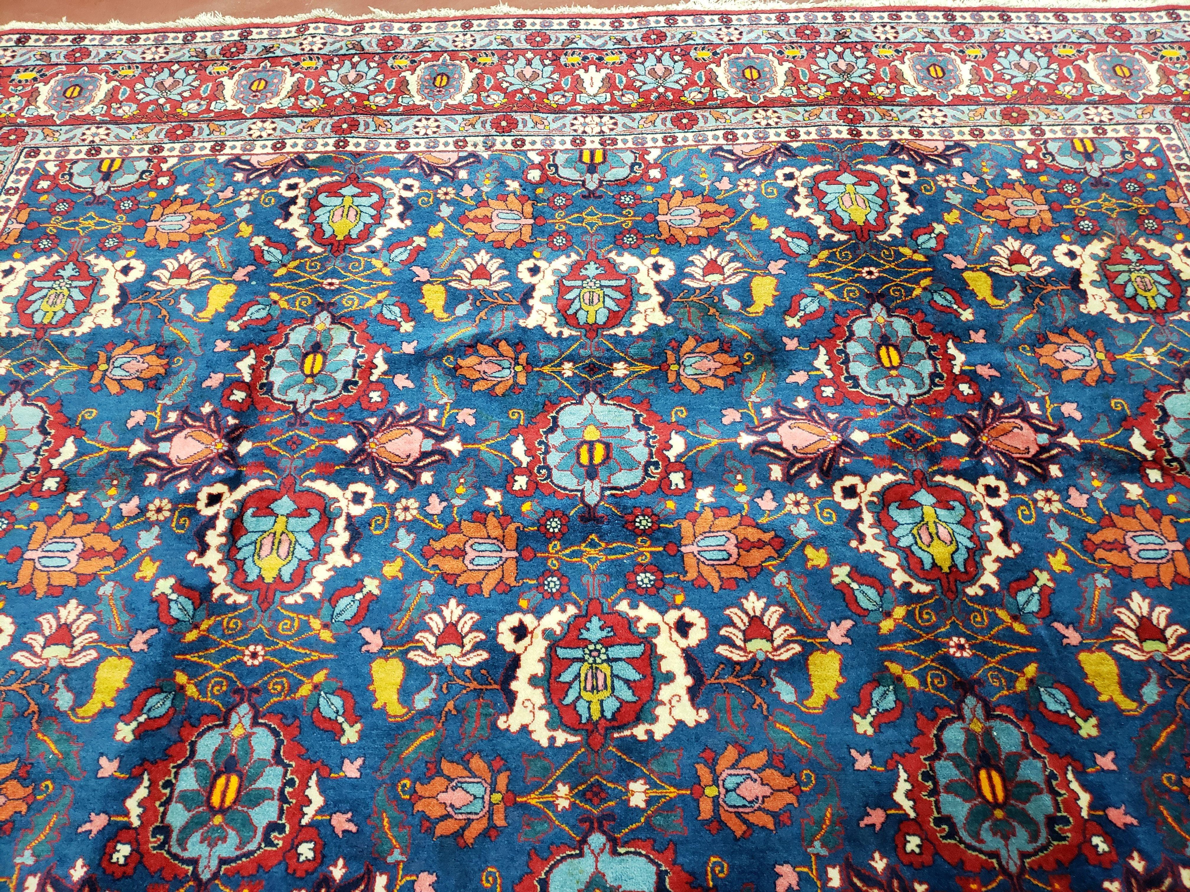 Rare Antique Persian Veramin Carpet, Mina-Khani Pattern, Blue, Red, Ivory, 7x11 ft, Hand-Knotted, Wool