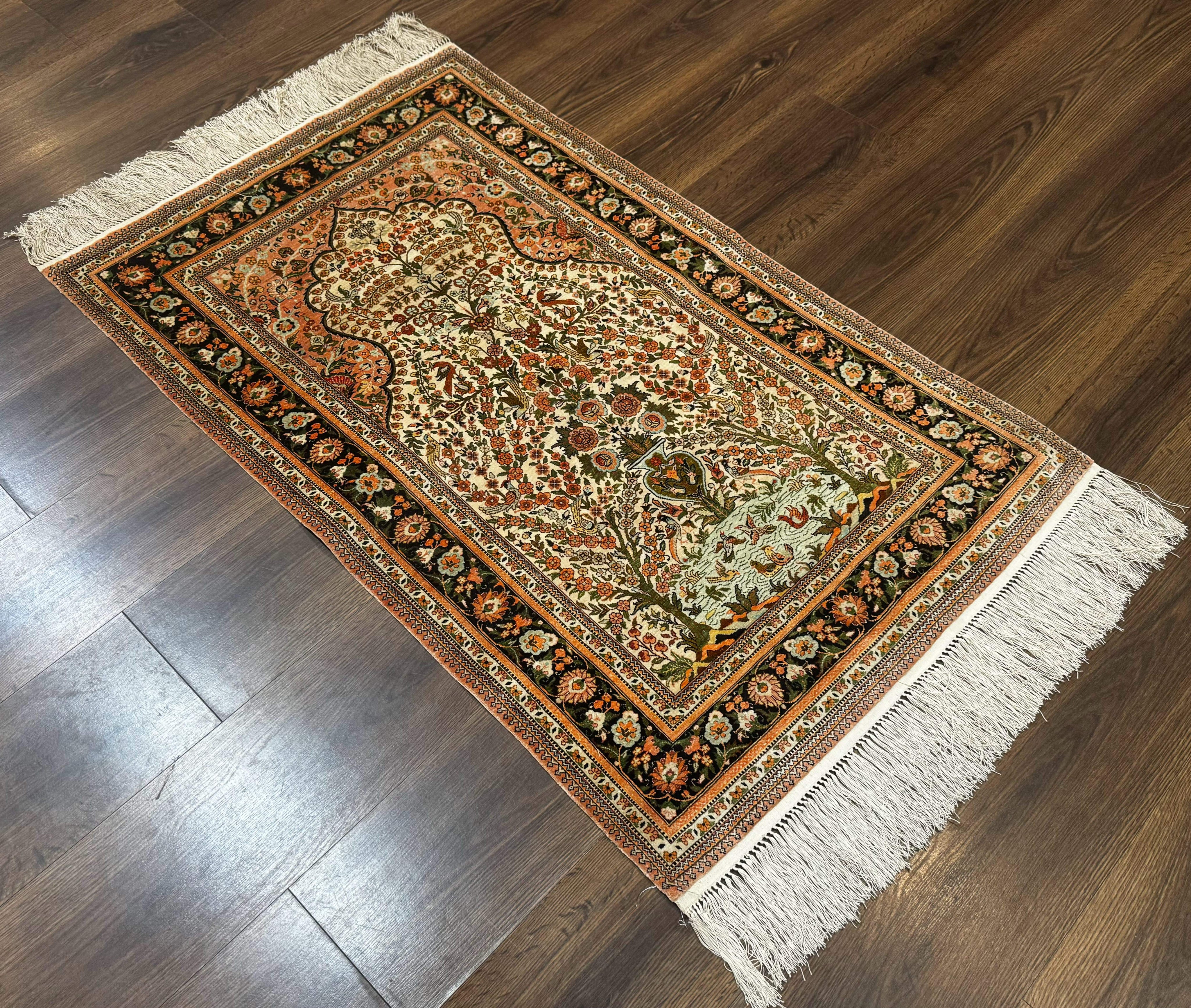 Exceptional Silk Rug 2.6 x 4, Very Fine 630 KPSI, Persian Vase Tree of Life Bird Pictorials, Handmade