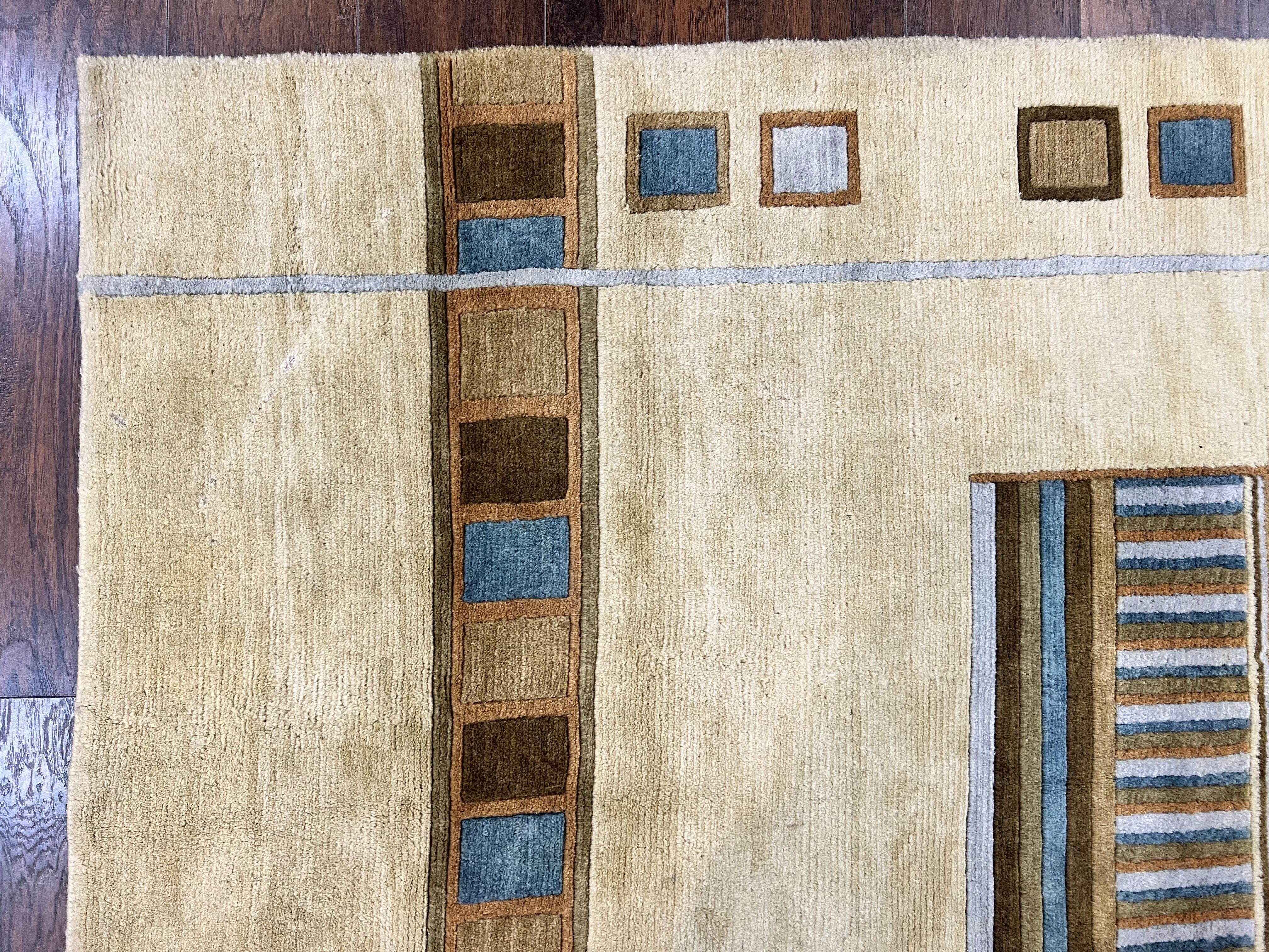 Tibetan Rug 5x8, Contemporary Rug 5 x 8 ft, Cream Brown Blue Hand-Knotted Wool w/ Silk Highlights Tibetan Carpet, Modern Rug