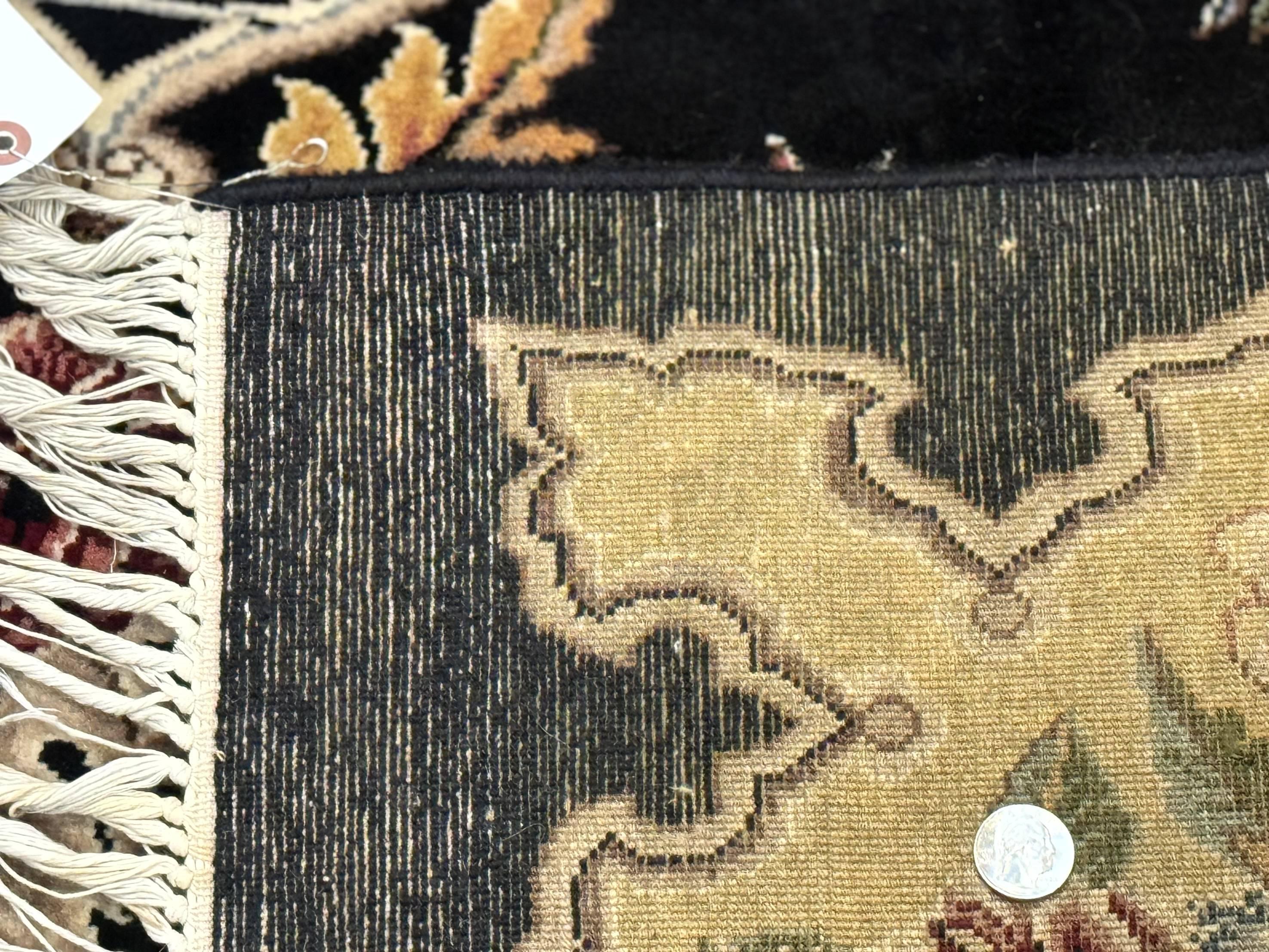 Aubusson Rug 9x12, Black and Beige, Floral, Elegant Handmade French European Design Carpet