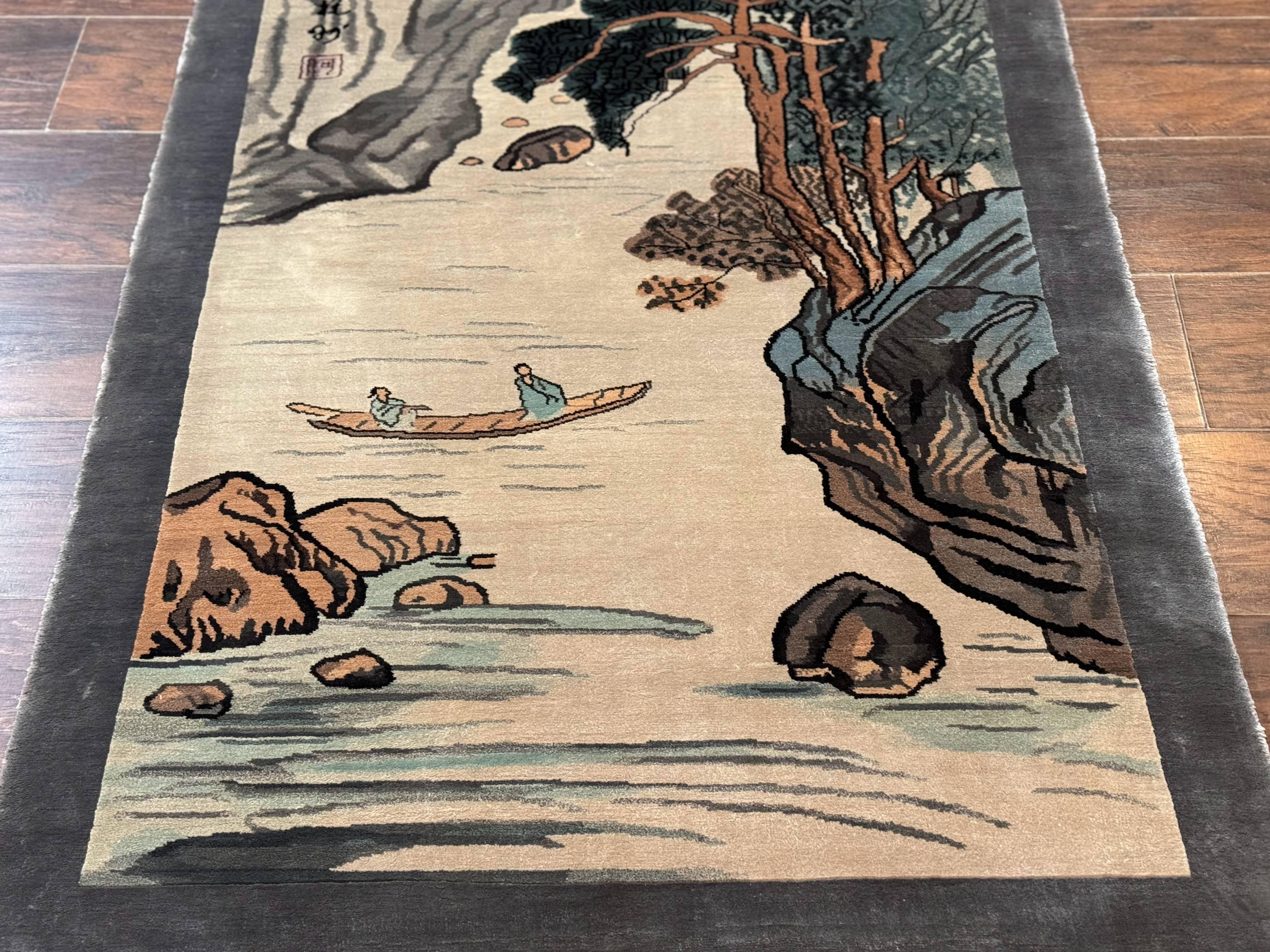 Chinese Silk Wall Hanging 3x5, Handmade, River and Boat Scene, Rug Tapestry