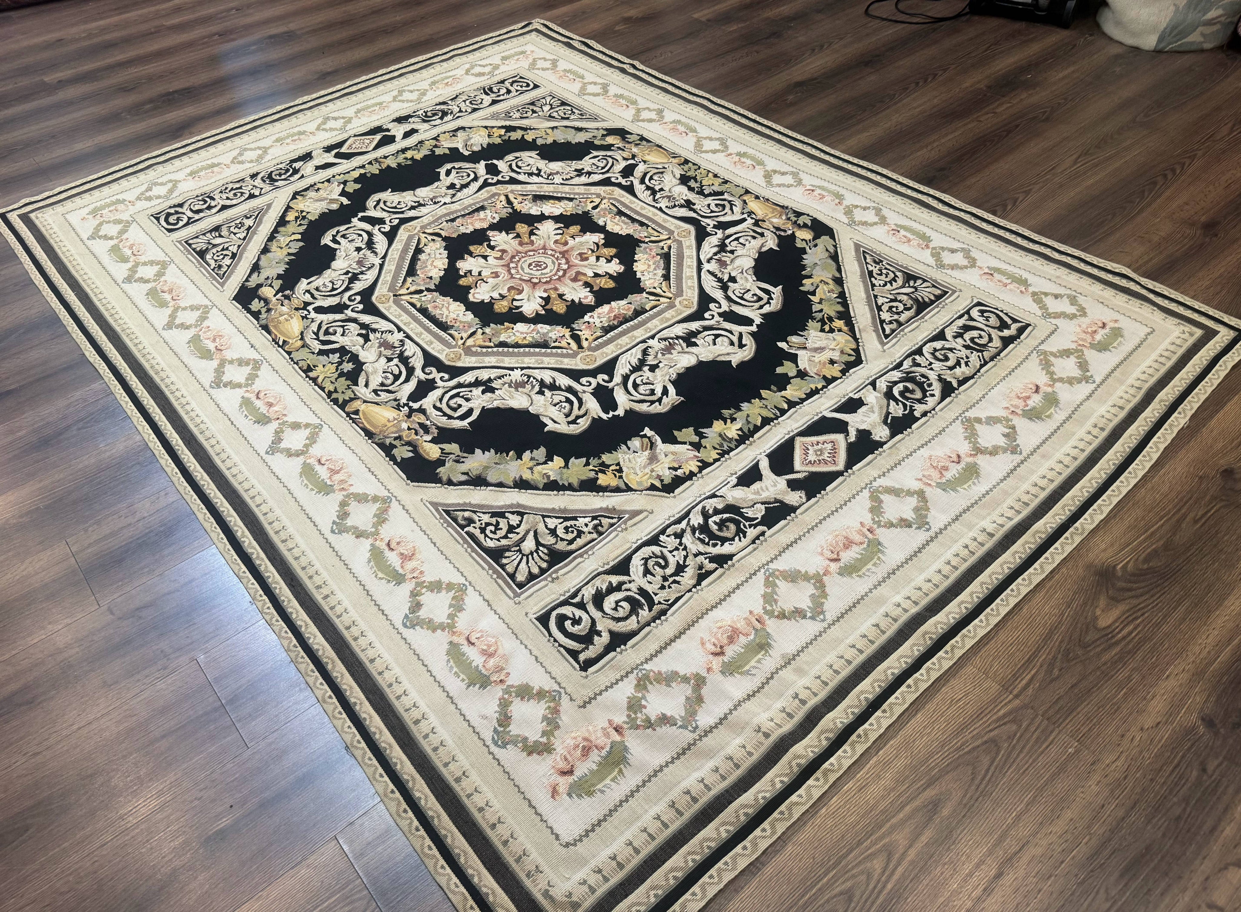 Aubusson Rug 6x8, European Design, Lion Pictorials, Black