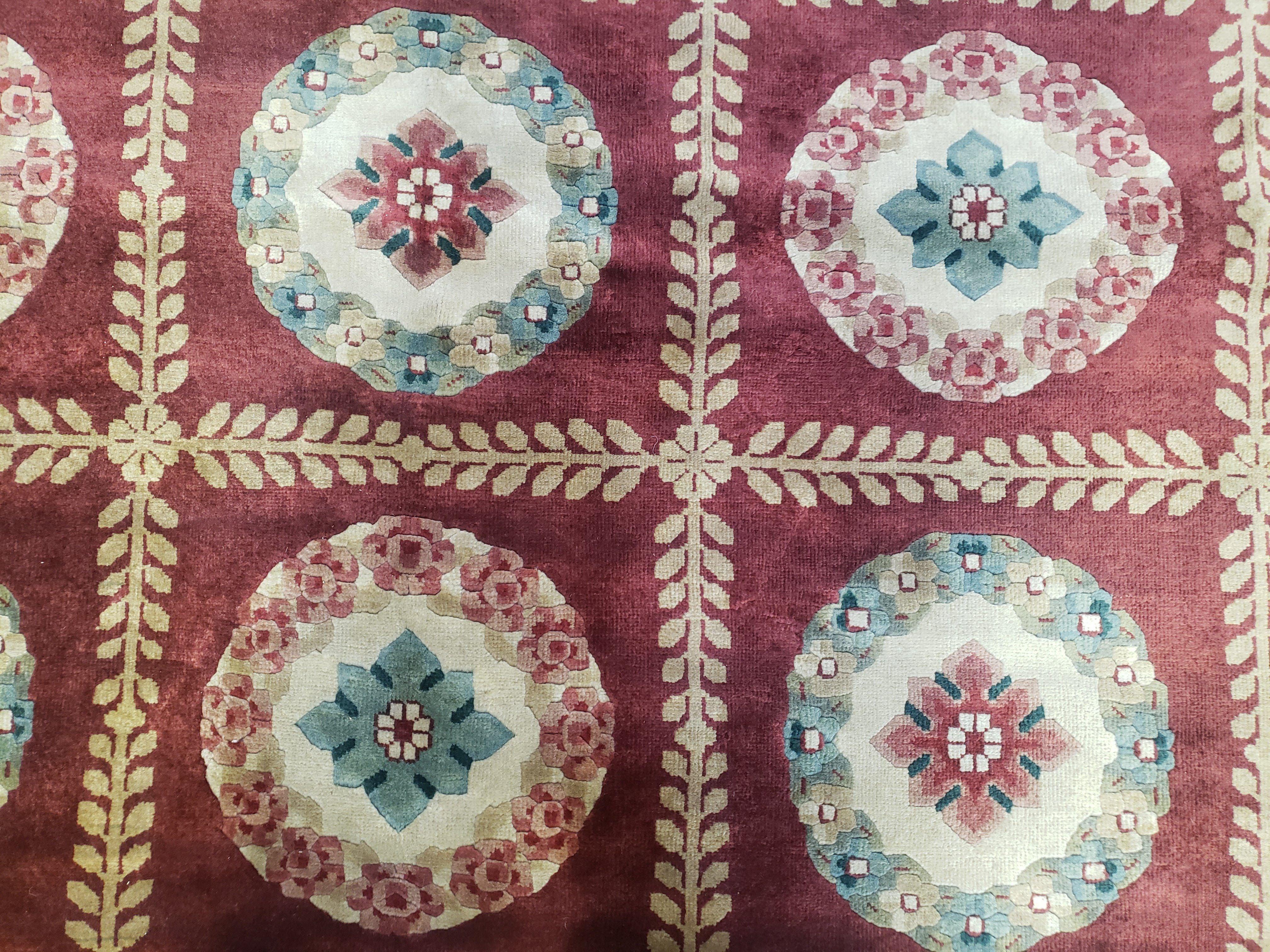 Nepalese Aubusson Panel Rug 6x9, Red & Ivory Soft Plush Tibetan Pile Rug, Wool Hand-Knotted Carpet, 6 x 9 Elegant Area Rug, Office Room Rug