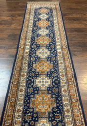 Indo Persian Runner Rug 2.6 x 12.7, Indian Kashmiri Runner for Hallway or Kitchen, Navy Blue, Geometric Medallions, Handmade Wool