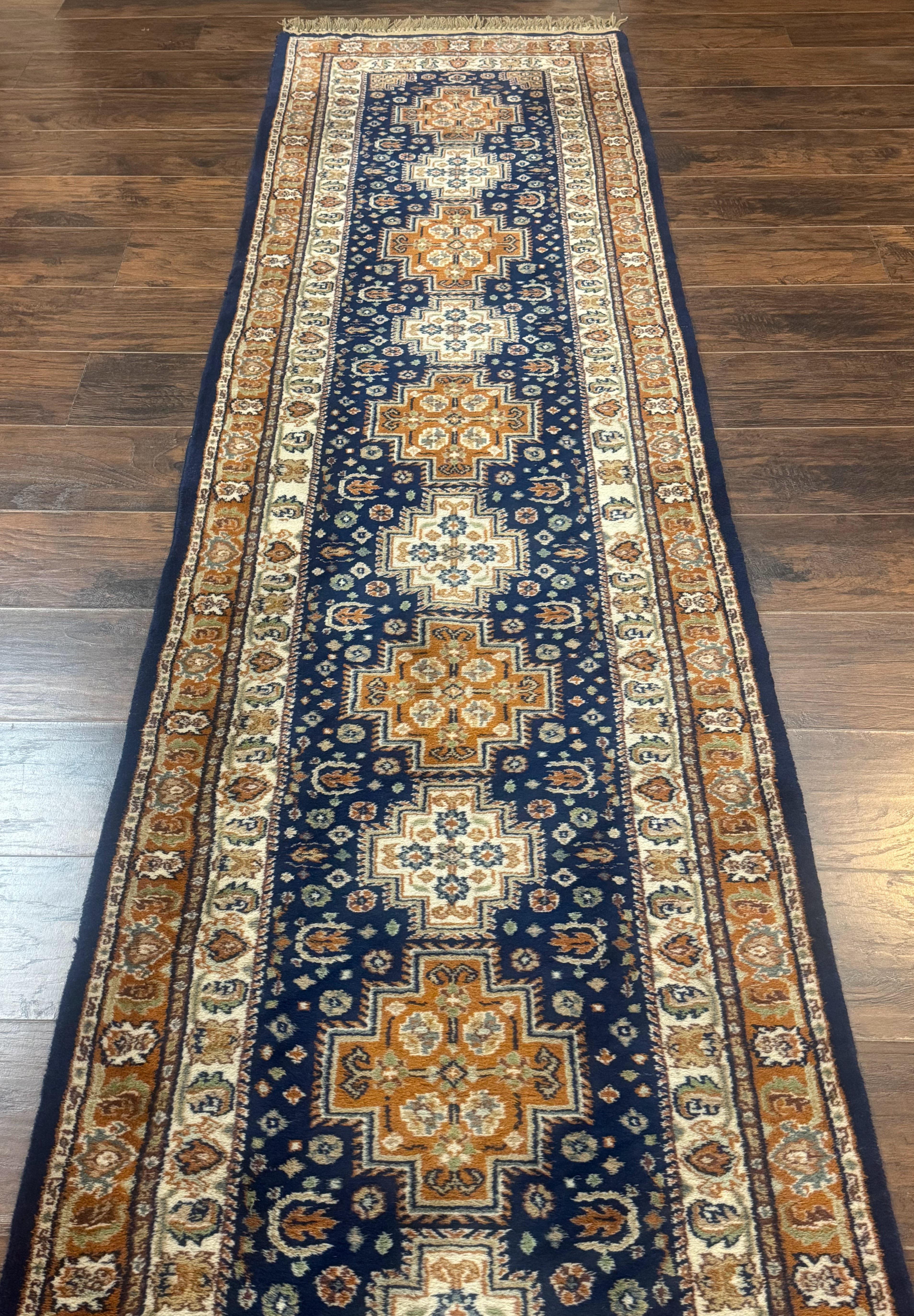 Indo Persian Runner Rug 2.6 x 12.7, Indian Kashmiri Runner for Hallway or Kitchen, Navy Blue, Geometric Medallions, Handmade Wool
