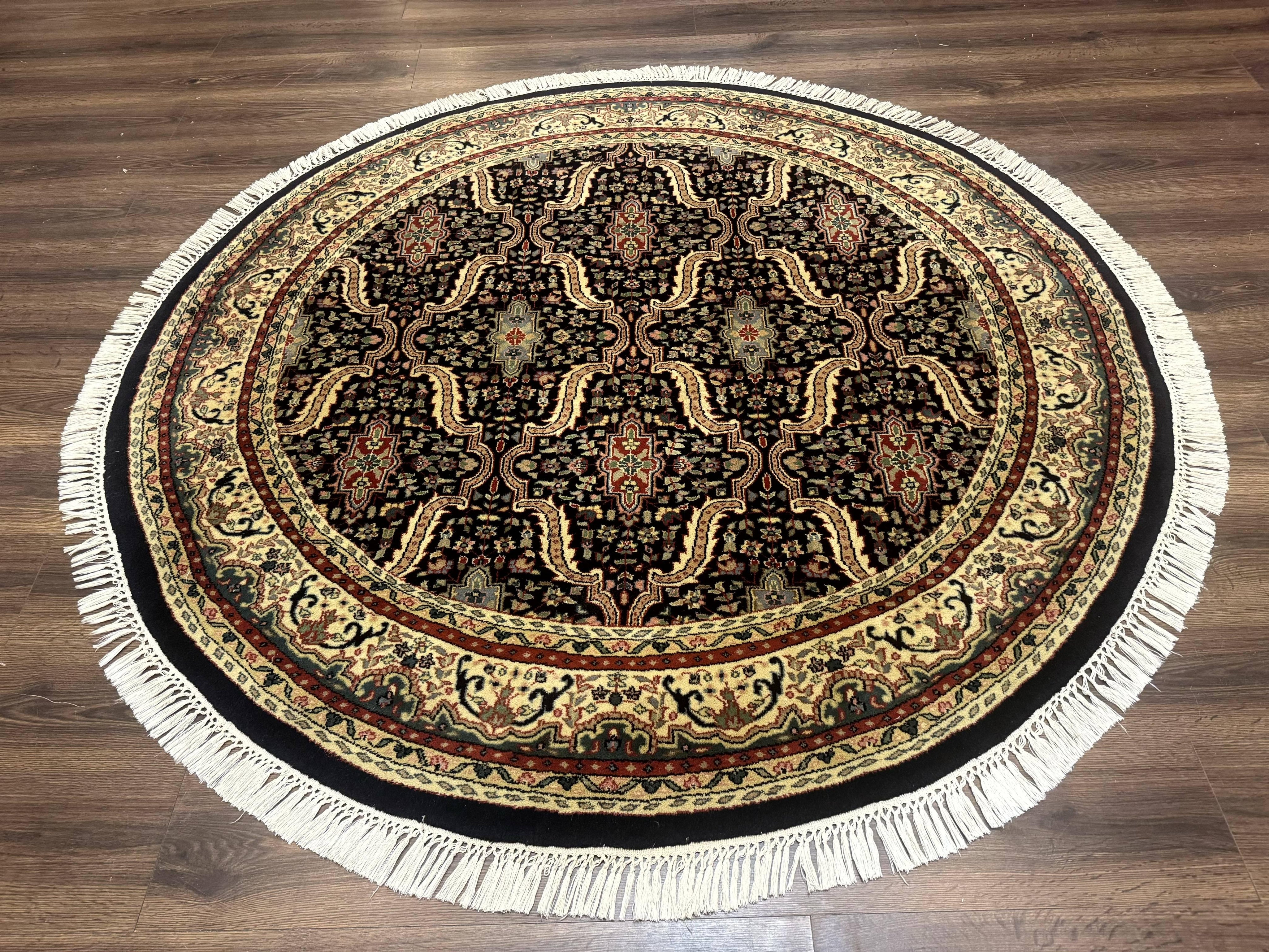 Round Indo Persian Rug 6x6, Indian Bidjar Rug, Navy Blue and Beige