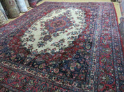 9x12 Persian Sarouk Rug - Semi Open Field Medallion Rug - Ivory Red Blue Hand Knotted Wool Oriental Carpet 9 x 12 Antique Rug - Vegetable Dyes