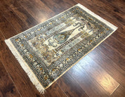 Silk Indian Kashmiri Rug 3x4, Very Fine 400 KPSI, Silk Prayer Rug, Handmade