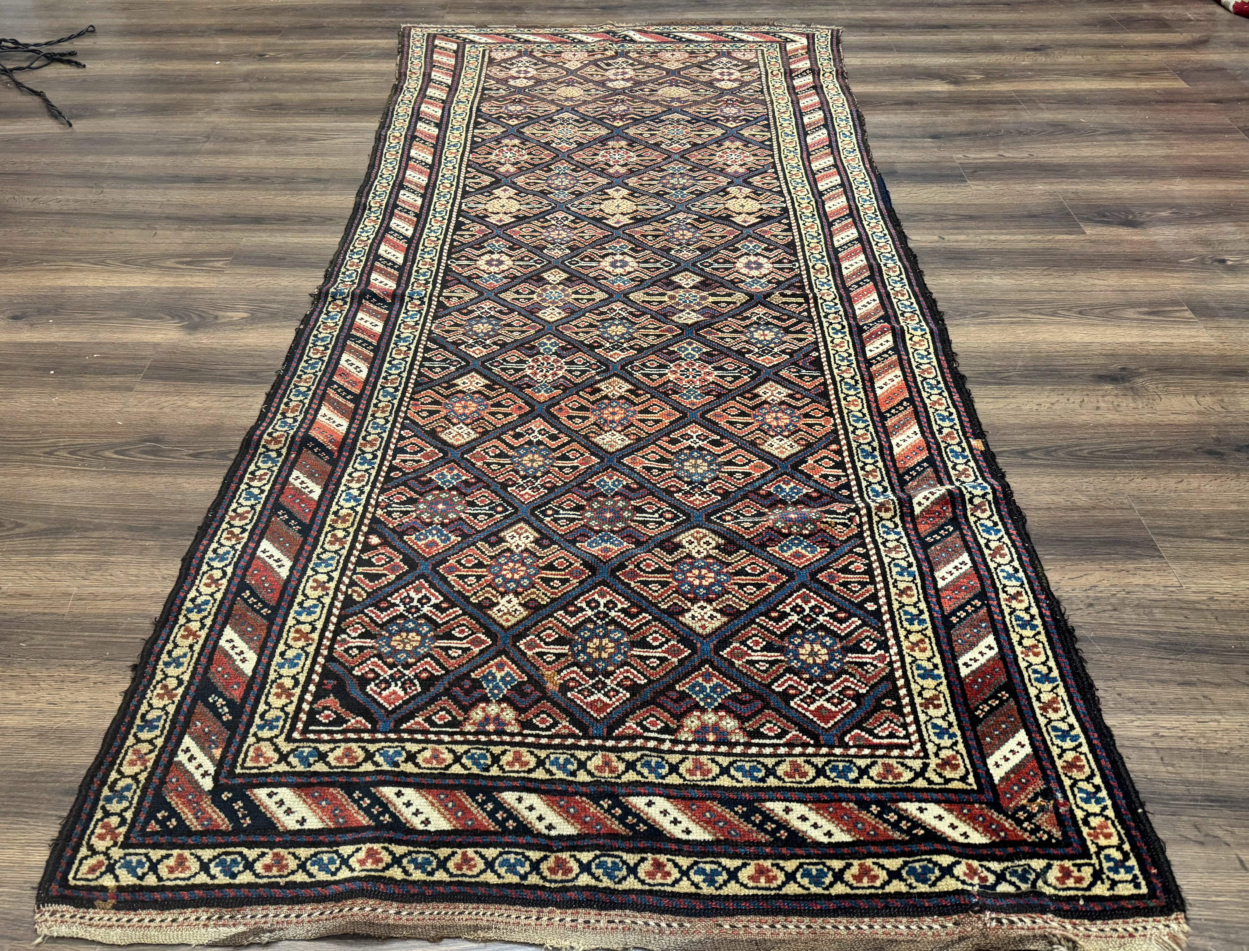 Antique Persian Wide Runner Rug 4x9, Kurdish Rug, Panel Design, Rainbow Border, Rare Tribal Rug