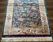 Turkish Silk Hunting Design Rug 4x6, Dark Steel Blue & Ivory, Bamboo Silk, New