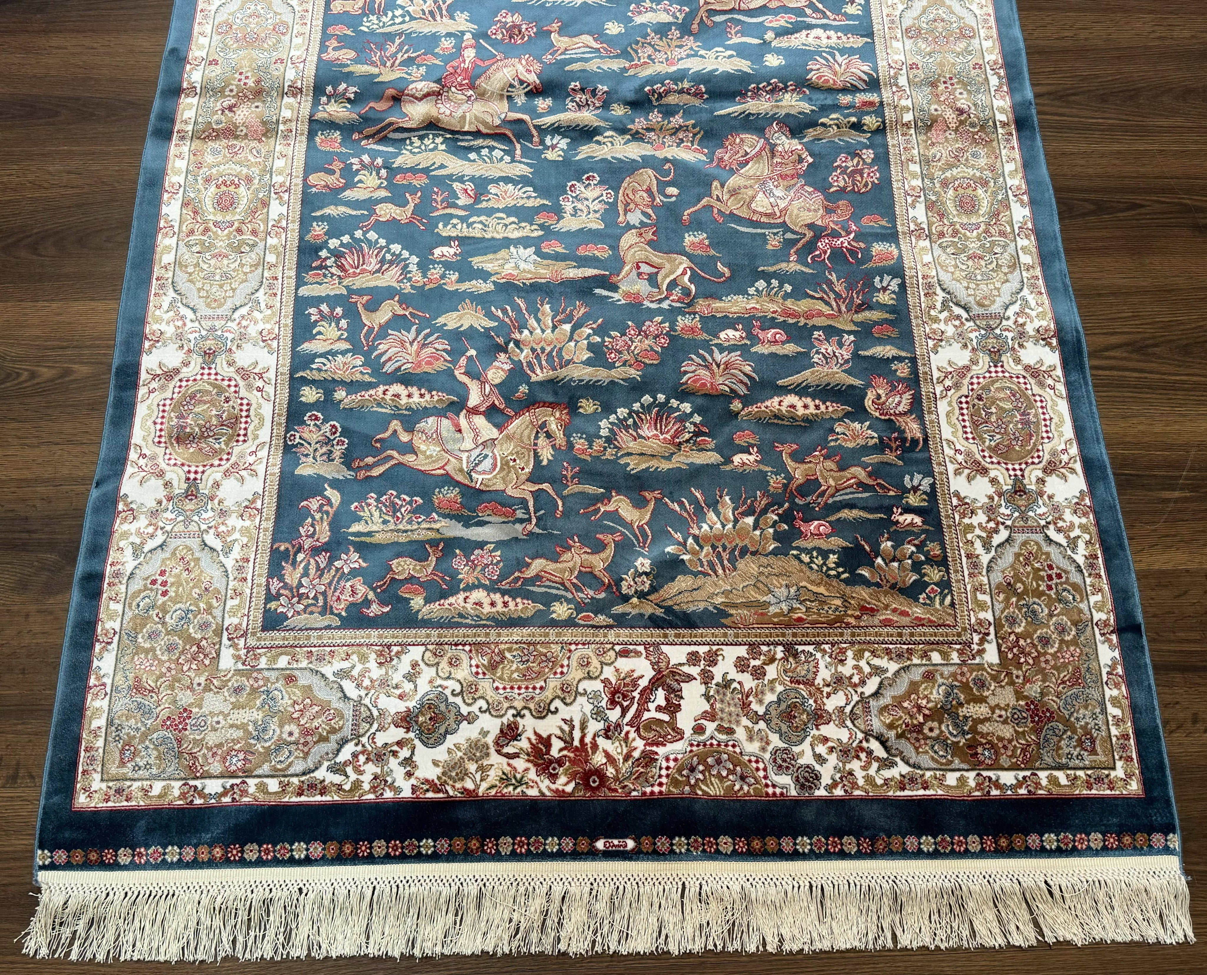 Turkish Silk Hunting Design Rug 4x6, Dark Steel Blue & Ivory, Bamboo Silk, New
