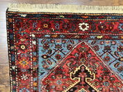 Antique Persian Tribal Rug 4x7, Wool Handmade 1920s Carpet, Red Blue, Persian Hamadan Rug