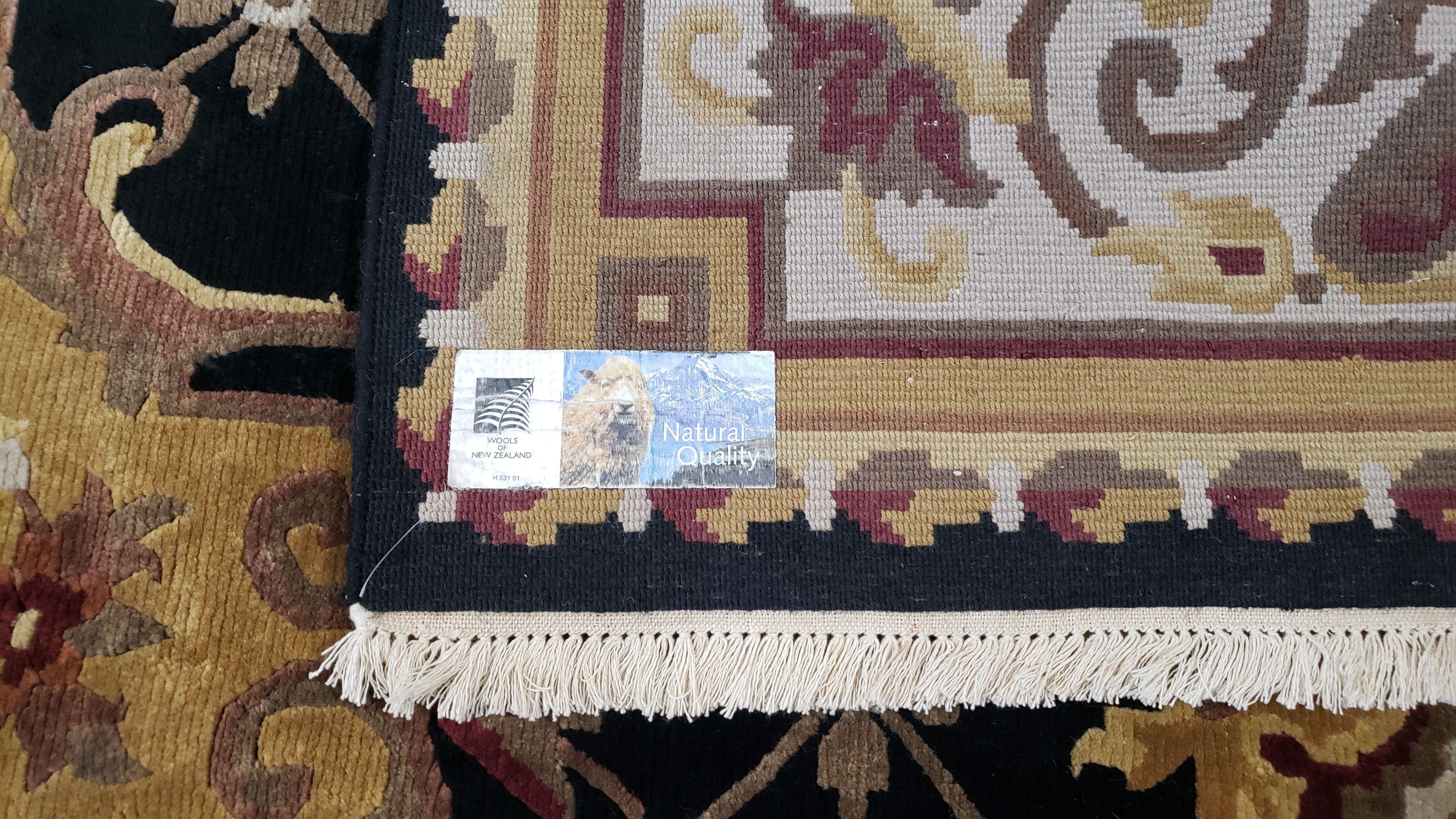 6x9 Nepalese Rug, Aubusson Savonnerie Area Rug 6 x 9 with Soft Pile, Hand-Knotted Wool Black & Beige Tibetan New Carpet European Design