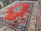Semi Antique Persian Sarouk Rug 9x12,  Semi Open Field with Central Medallion, Hand Knotted Wool, Tomato Red, 9 x 12 Authentic Oriental Carpet