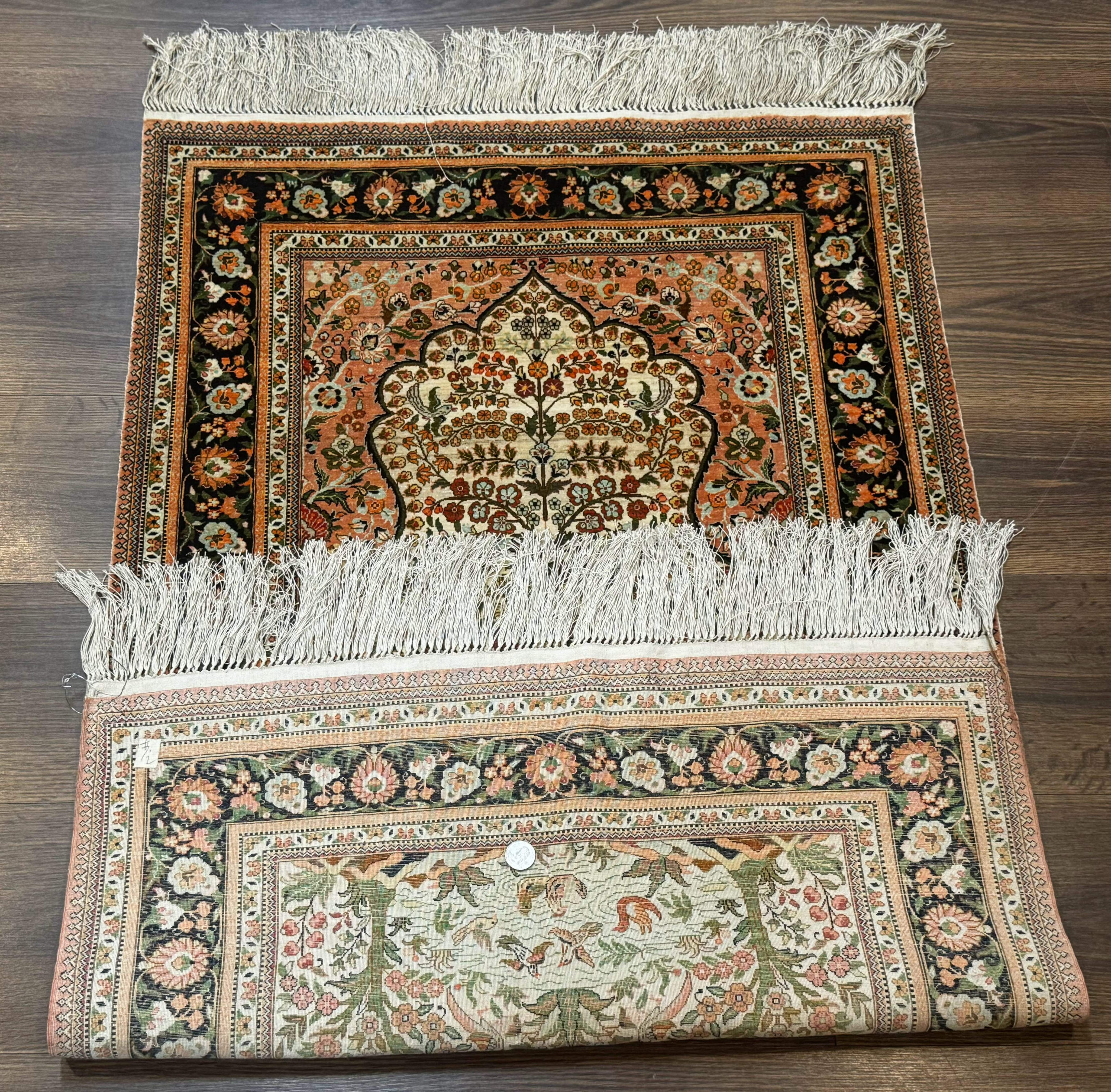 Exceptional Silk Rug 2.6 x 4, Very Fine 630 KPSI, Persian Vase Tree of Life Bird Pictorials, Handmade