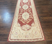 Aubusson Runner Rug 3x10, European Design, Red and Beige, Elegant, Handmade Wool Rug