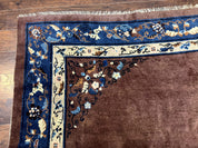 Antique Chinese Wool Rug 9x11, Large Chinese Art Deco Rug, Peking Rug, Brown and Blue, Open Field, Fete Rug