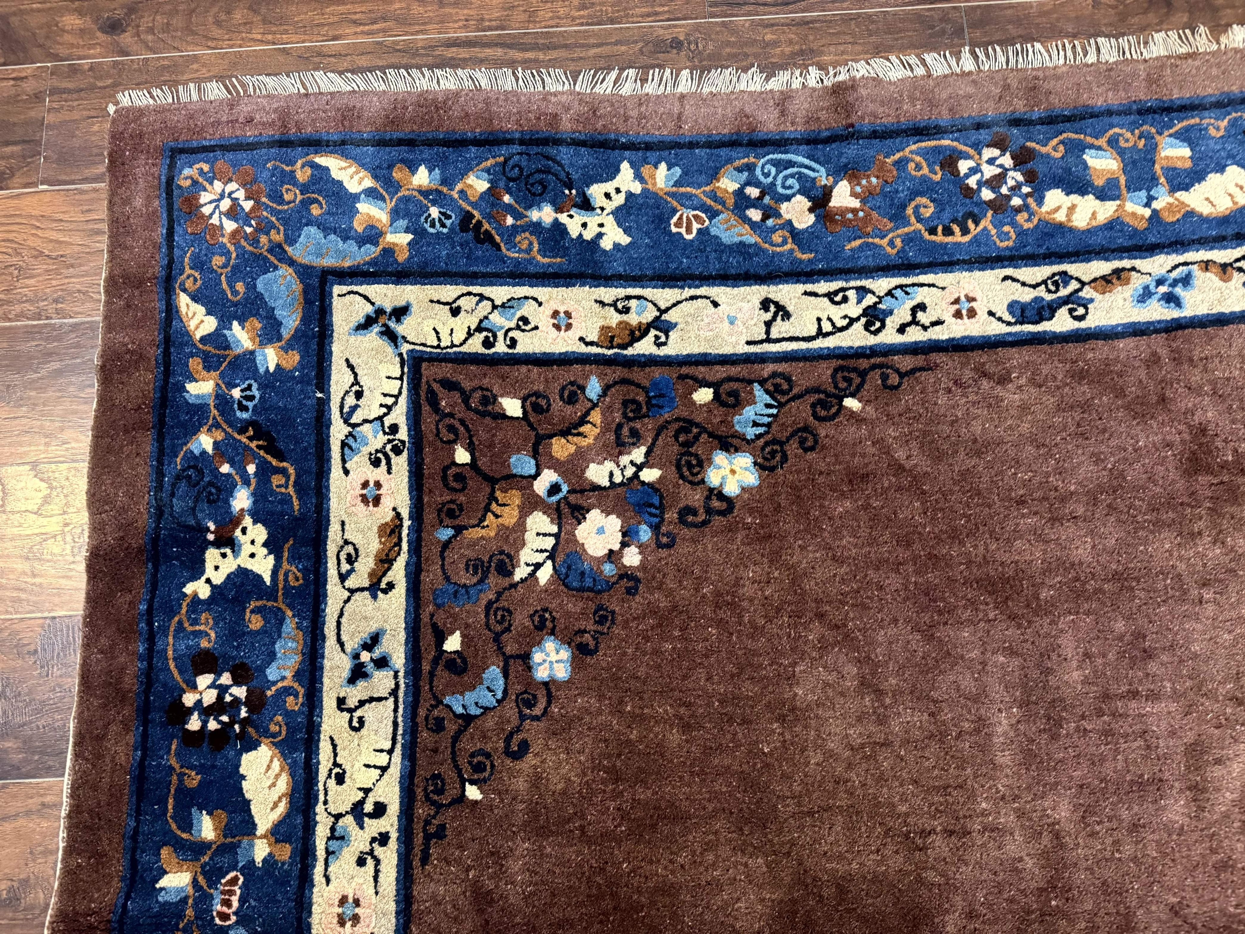 Antique Chinese Wool Rug 9x11, Large Chinese Art Deco Rug, Peking Rug, Brown and Blue, Open Field, Fete Rug