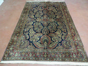 Antique Persian Sarouk Rug 4x6, Hand Knotted 1920s Oriental Carpet 4 x 6 ft, Navy Blue and Red Wool Rug, Handmade Floral Allover Persian Area Rug